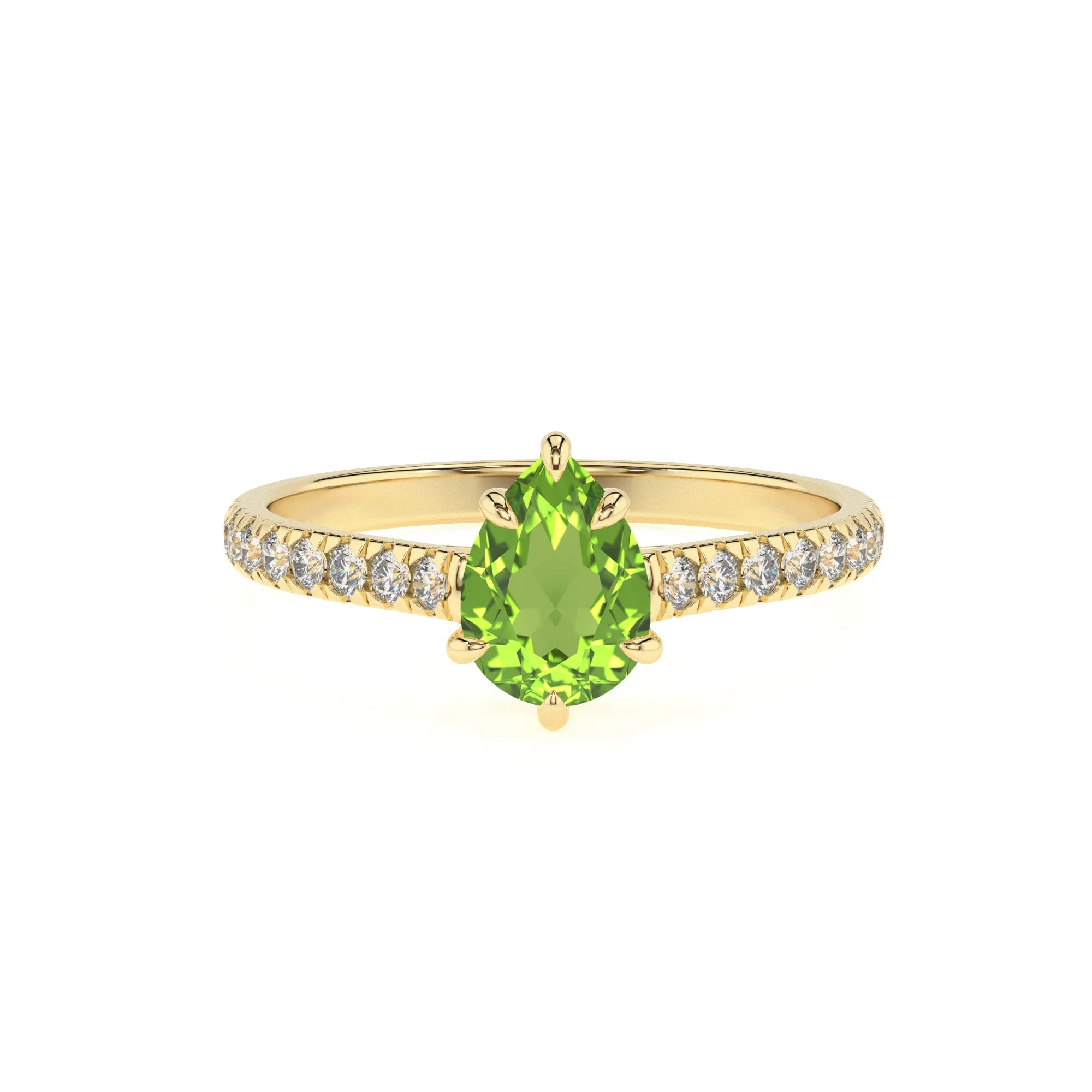 natural peridot pear half eternity solitaire engagement rings in yellow gold