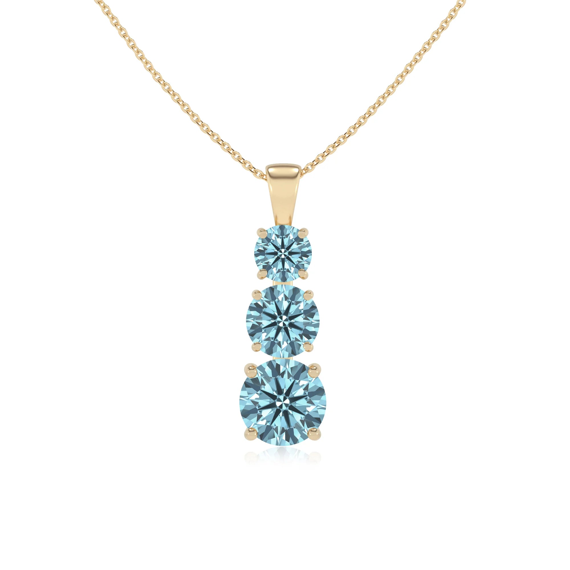 lab grown aquamarine round bar v-bale necklaces in yellow gold
