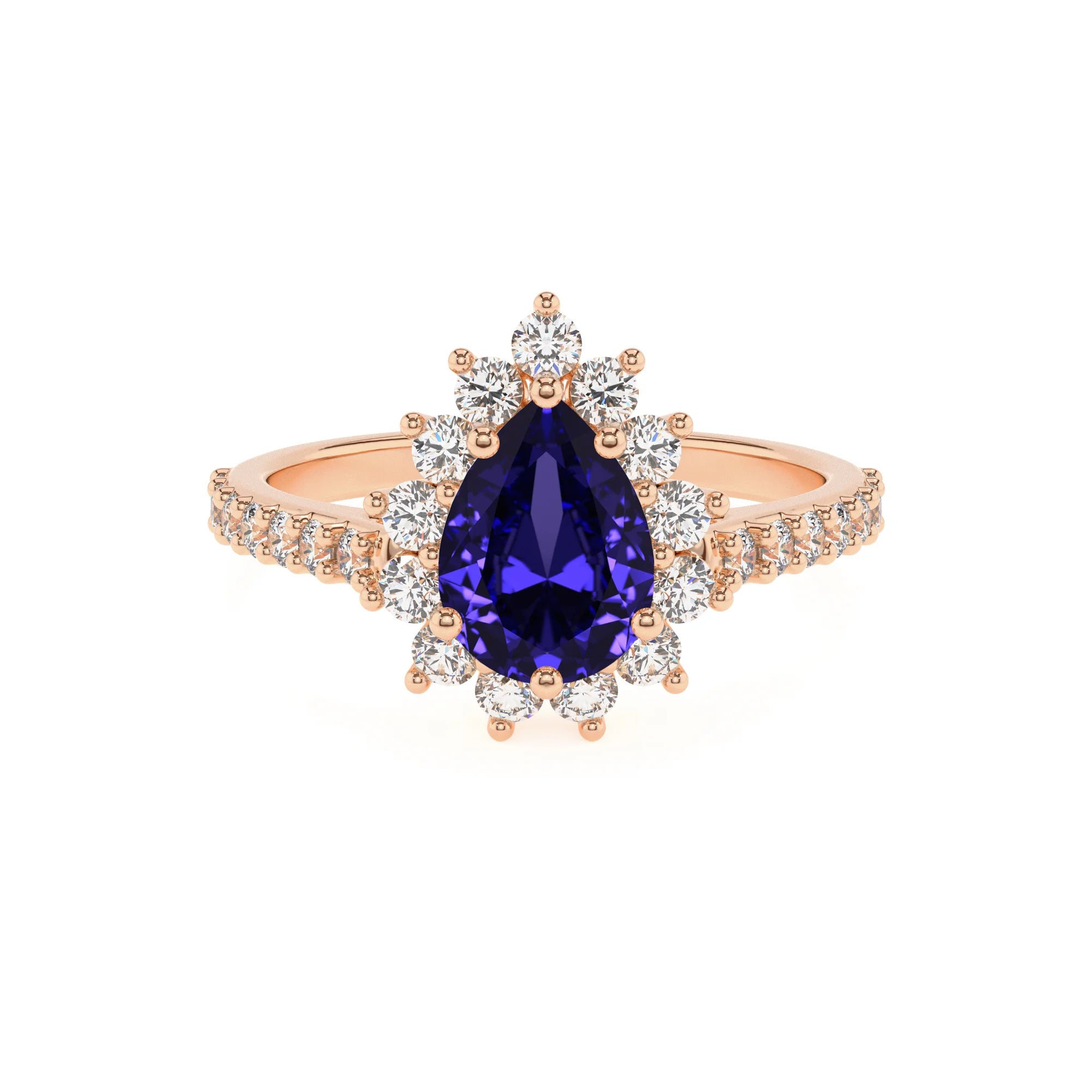 lab grown tanzanite pear solitaire rings in rose gold