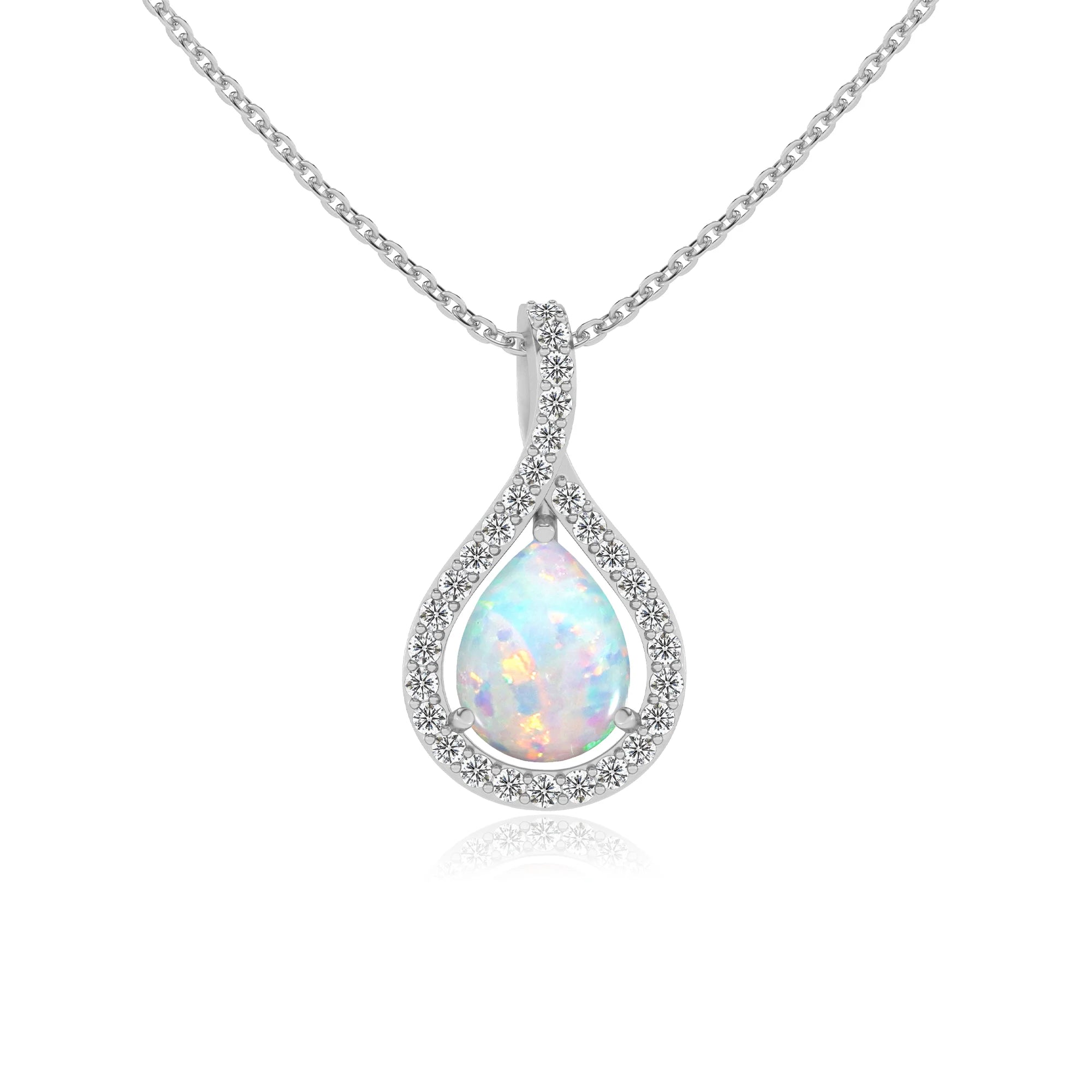 lab grown opal pear solitaire necklaces in sterling silver