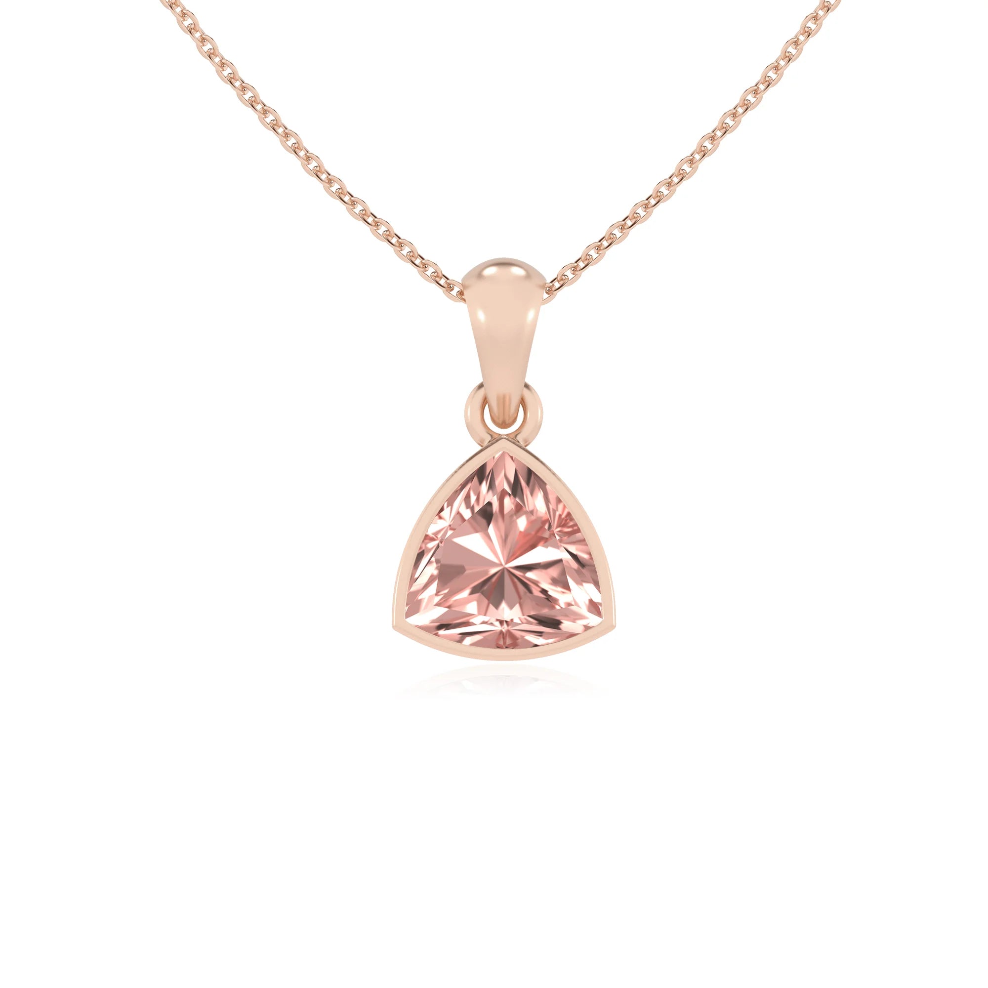 lab grown morganite trillion solitaire necklaces in rose gold