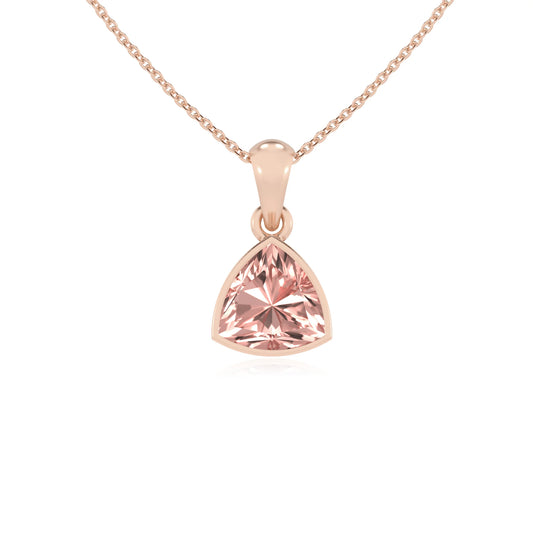 lab grown morganite trillion solitaire necklaces in rose gold
