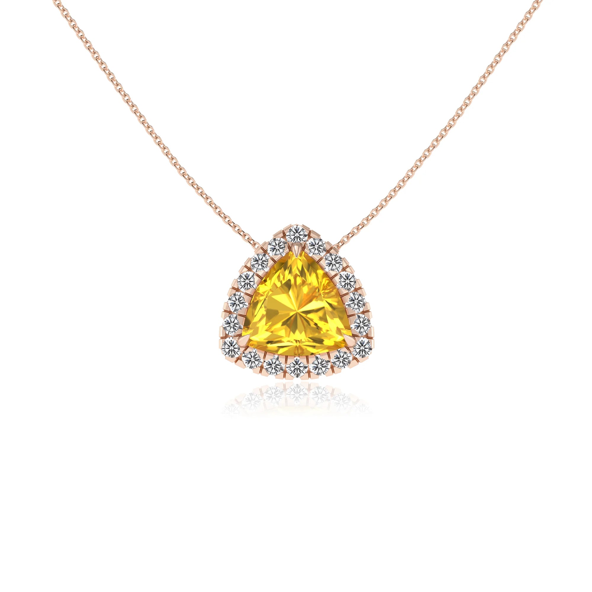 lab grown yellow sapphire trillion solitaire necklaces in rose gold