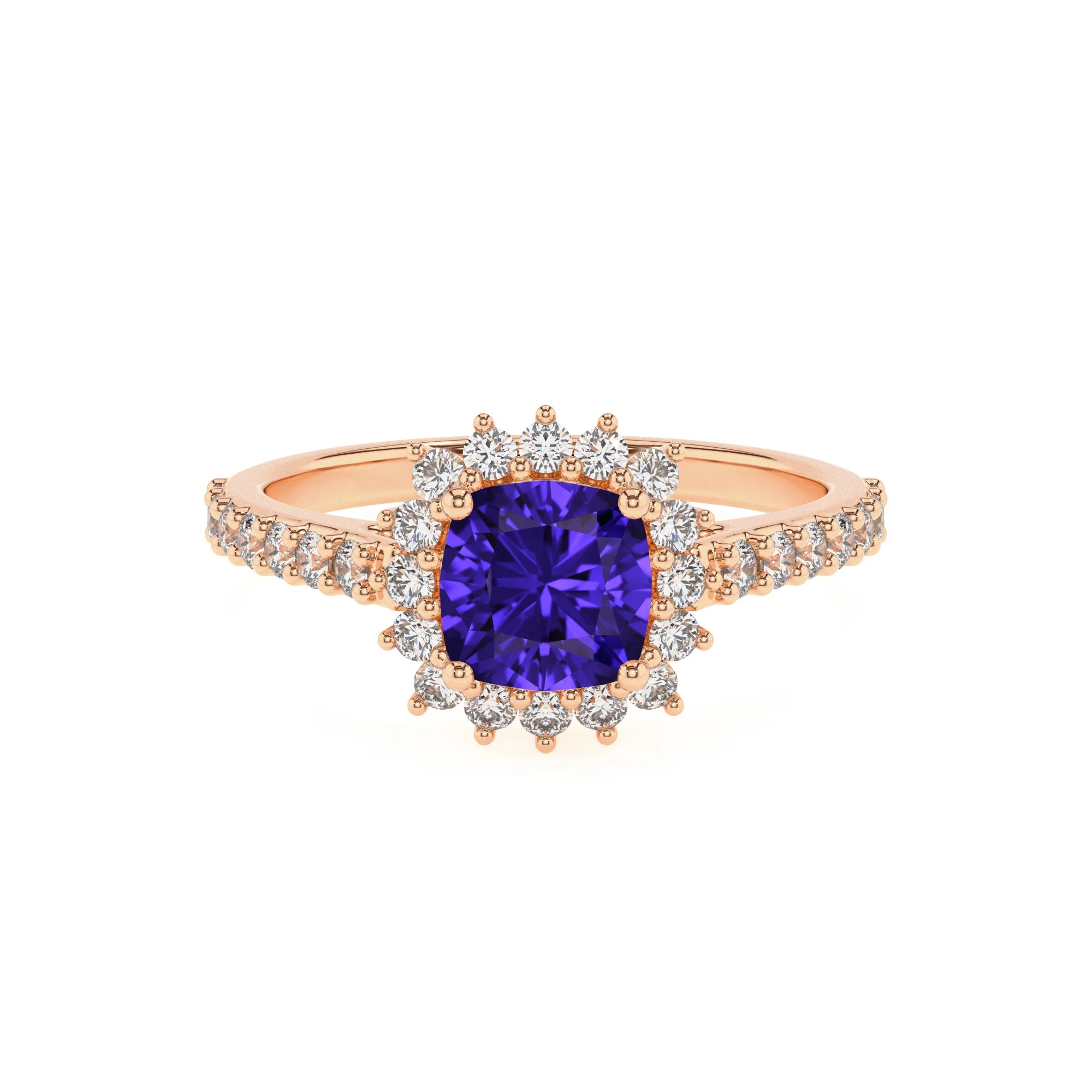 lab grown tanzanite cushion solitaire rings in rose gold