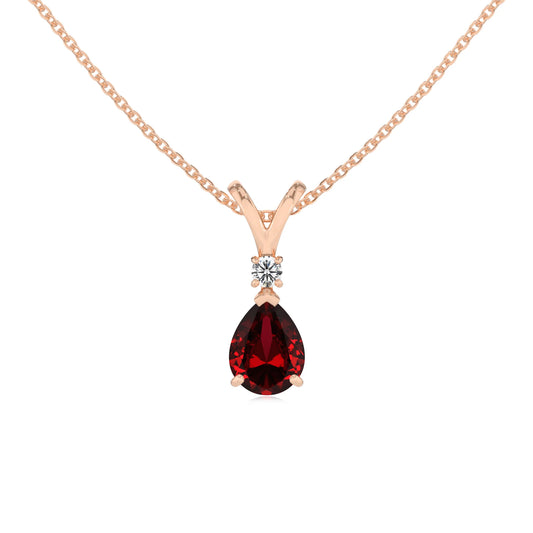 lab grown ruby pear solitaire v-bale necklaces in rose gold
