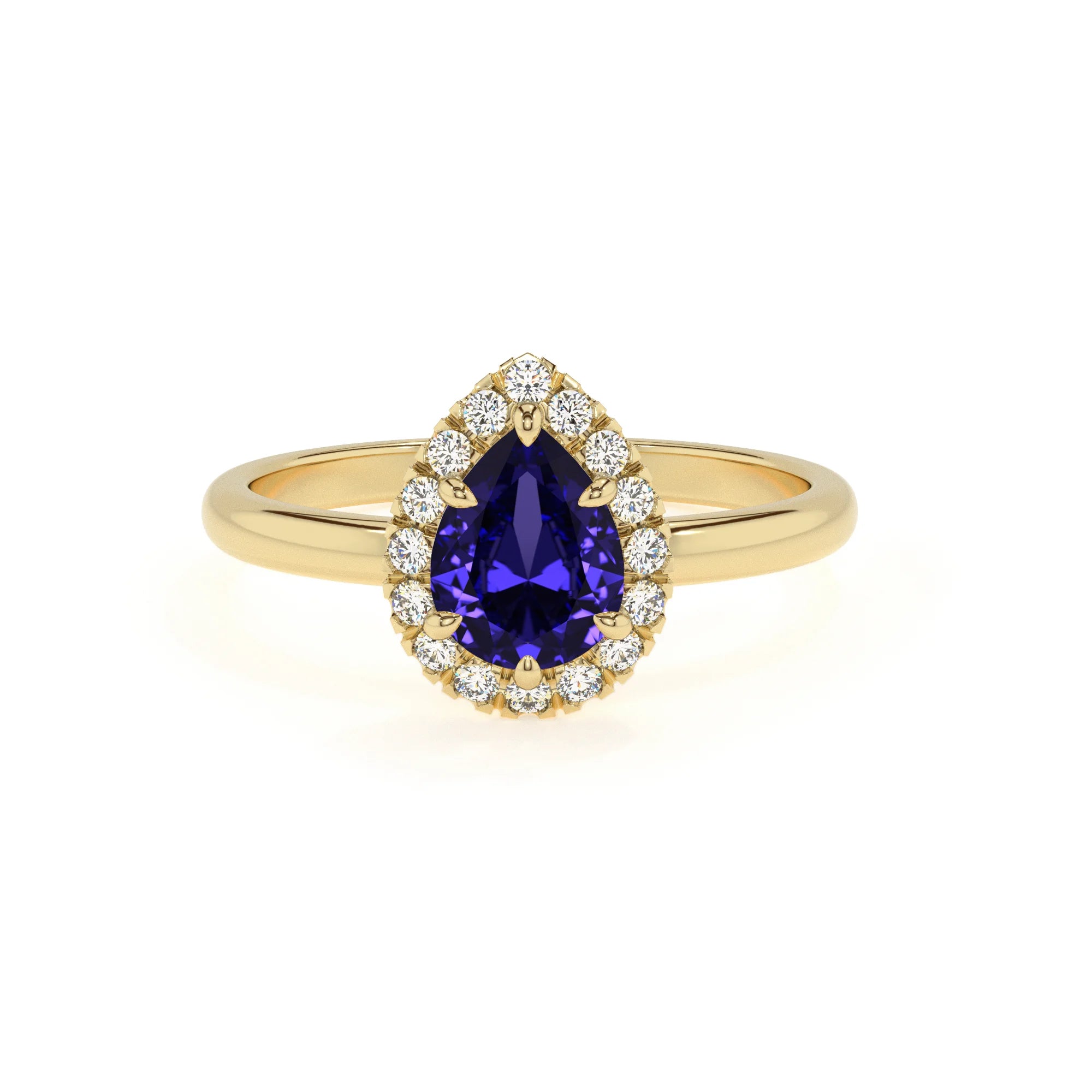 lab grown tanzanite pear solitaire rings in yellow gold
