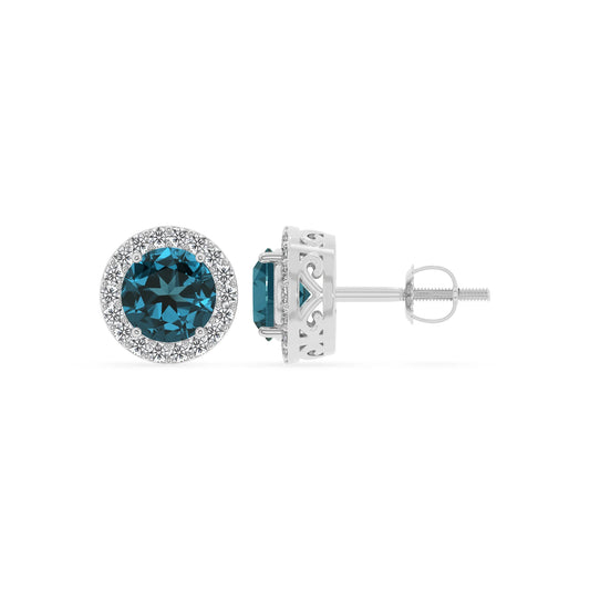 natural london blue topaz round stud earrings in white gold