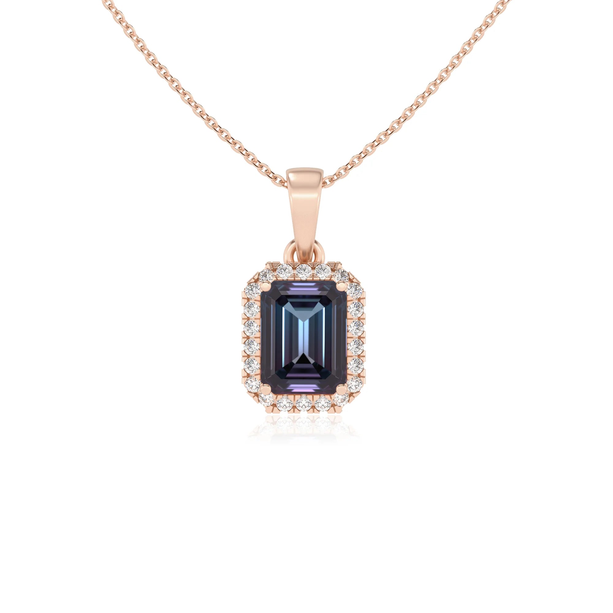 lab grown alexandrite emerald cut solitaire necklaces in rose gold