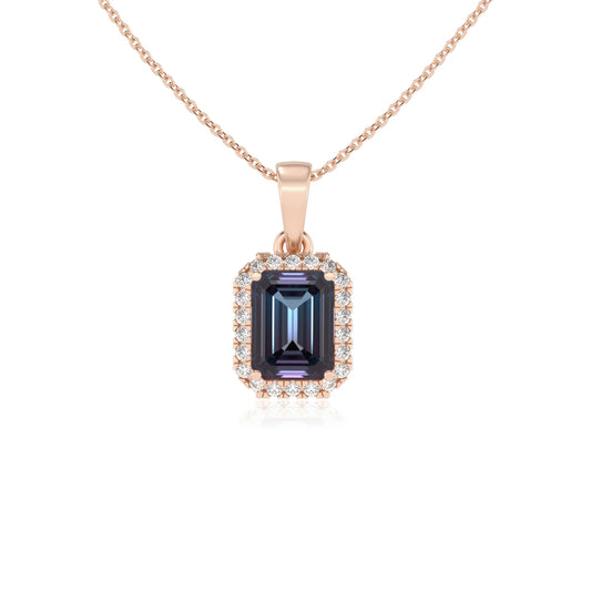 lab grown alexandrite emerald cut solitaire necklaces in rose gold
