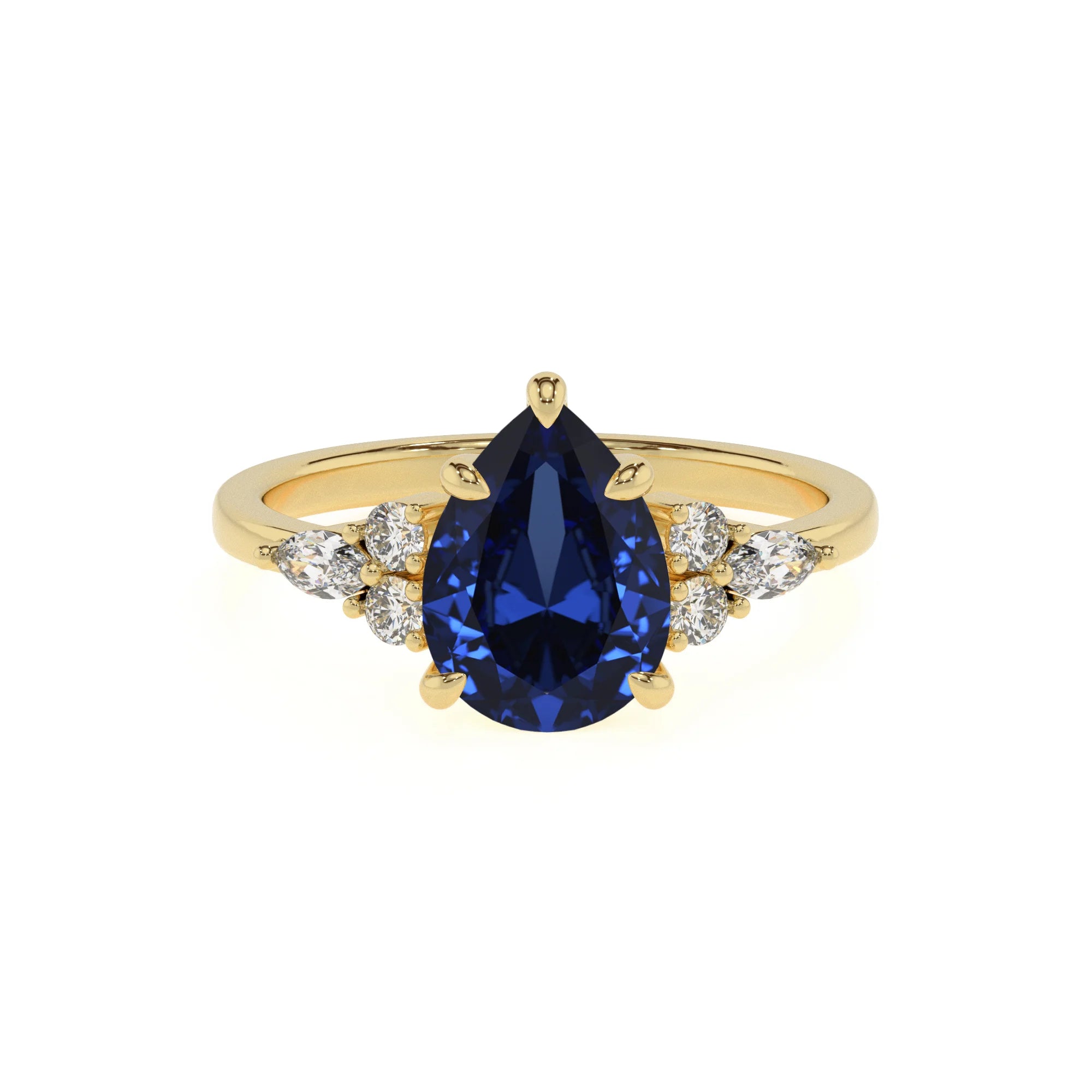 lab grown blue-sapphire pear solitaire rings in yellow gold