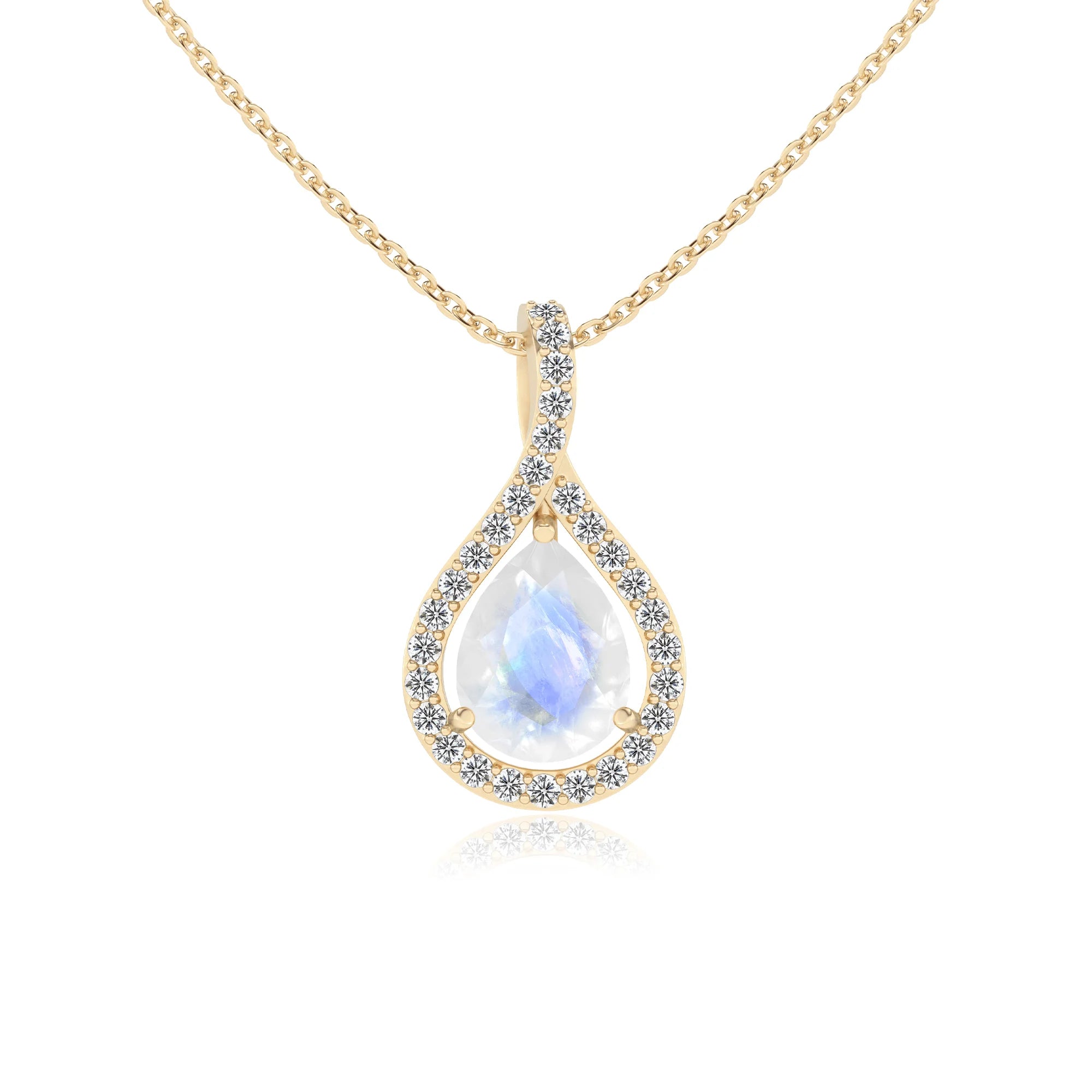 natural rainbow-moonstone pear solitaire necklaces in yellow gold