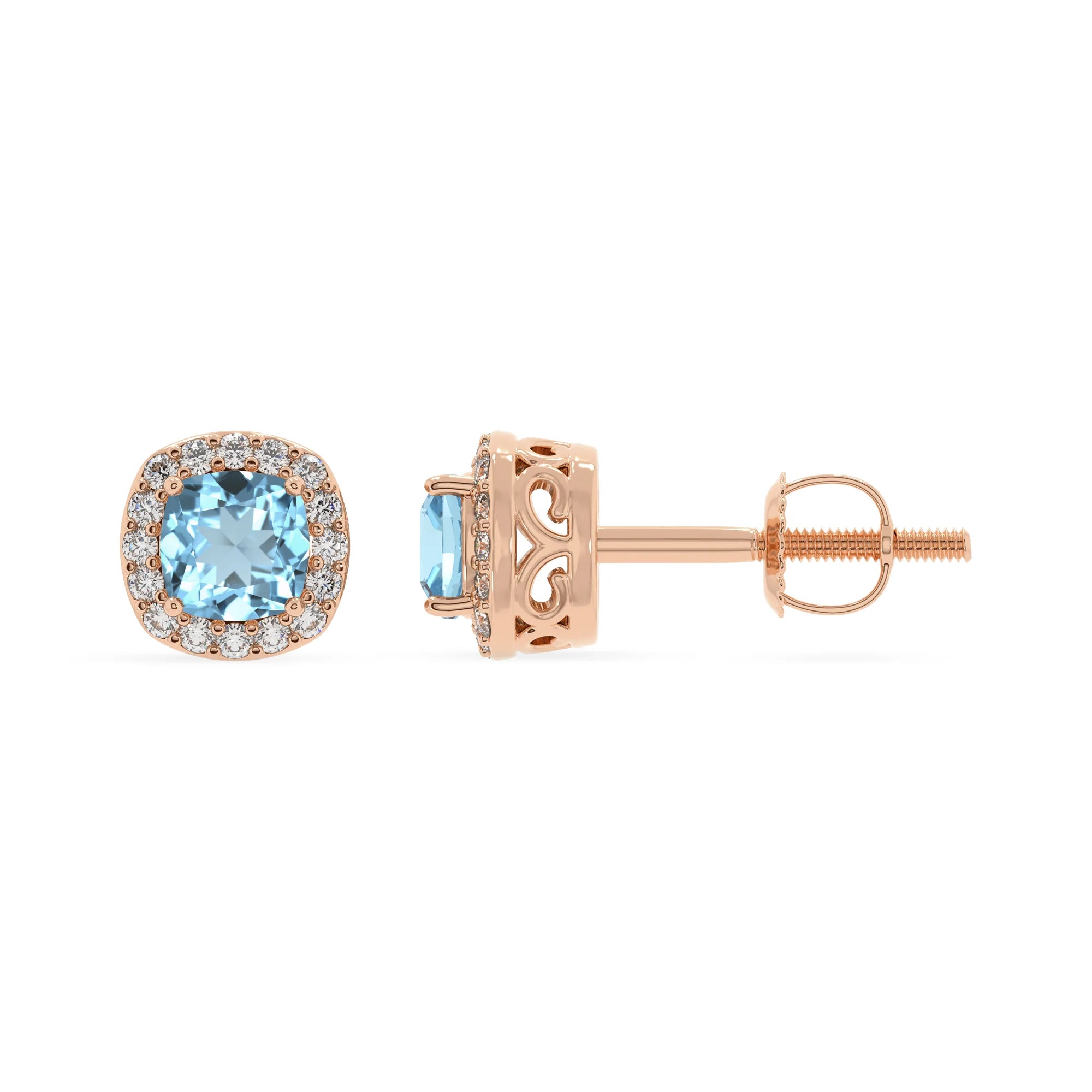 lab grown aquamarine cushion stud earrings in rose gold