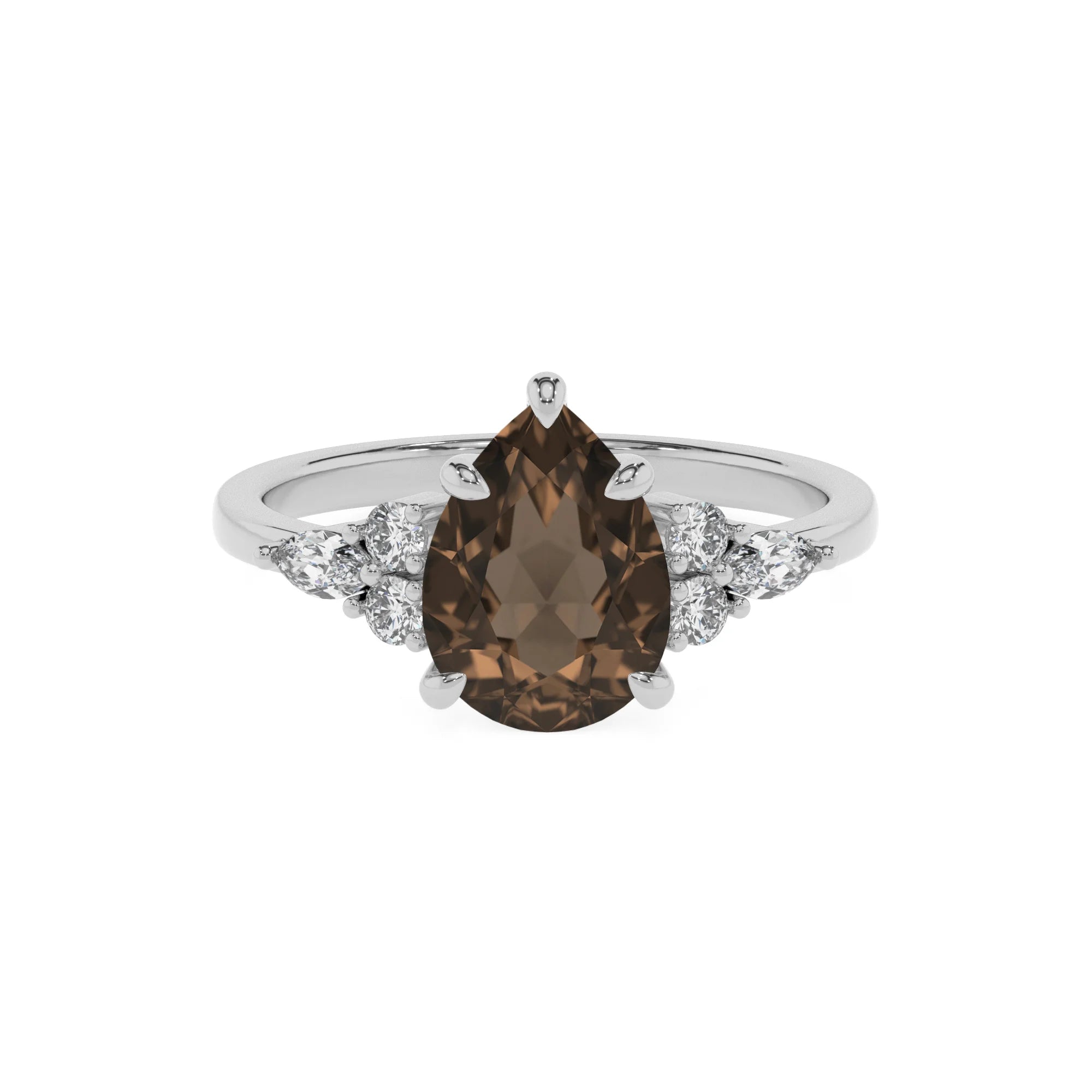 natural smoky-quartz pear solitaire rings in platinum