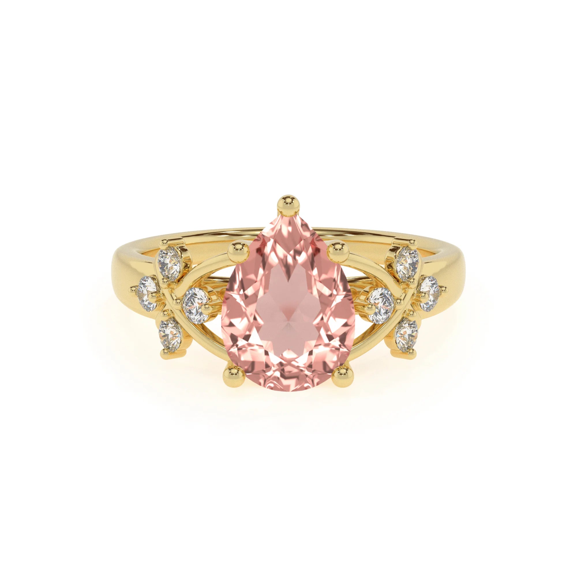 lab grown morganite pear solitaire rings in yellow gold