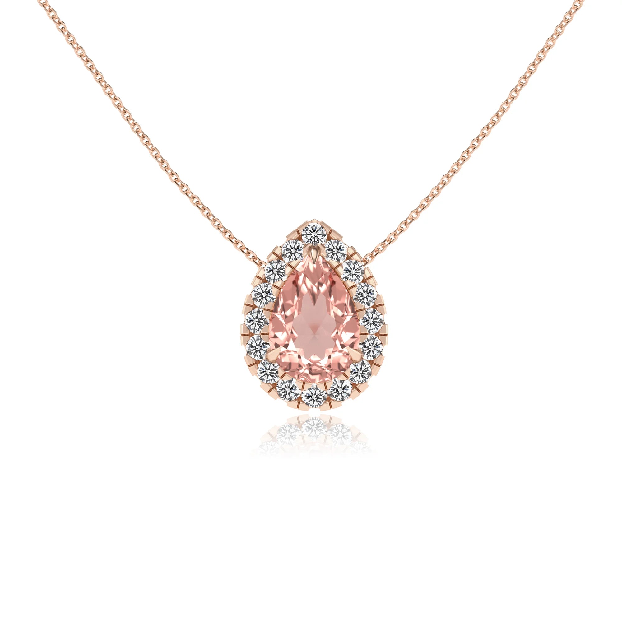 lab grown morganite pear solitaire necklaces in rose gold