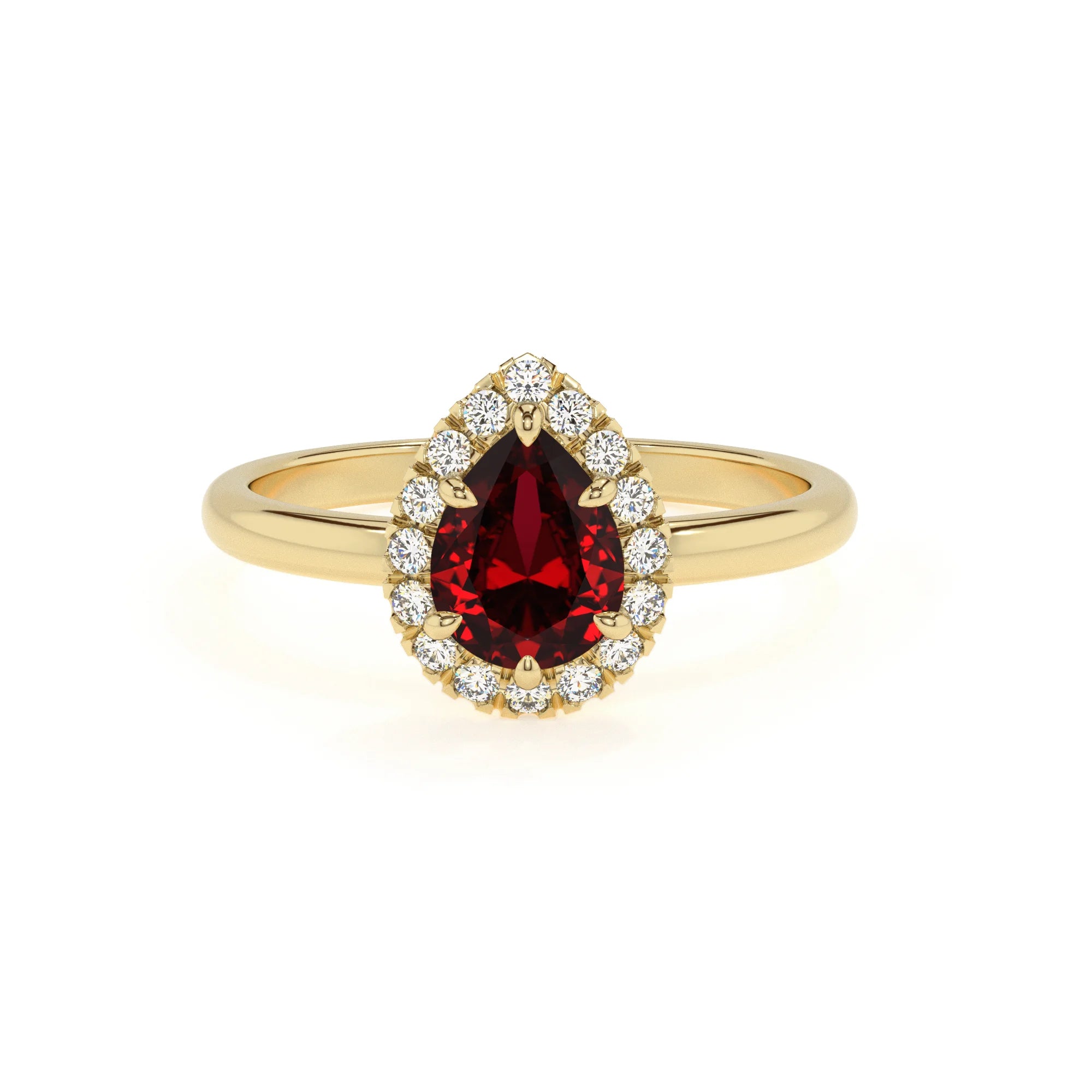 lab grown ruby pear solitaire rings in yellow gold