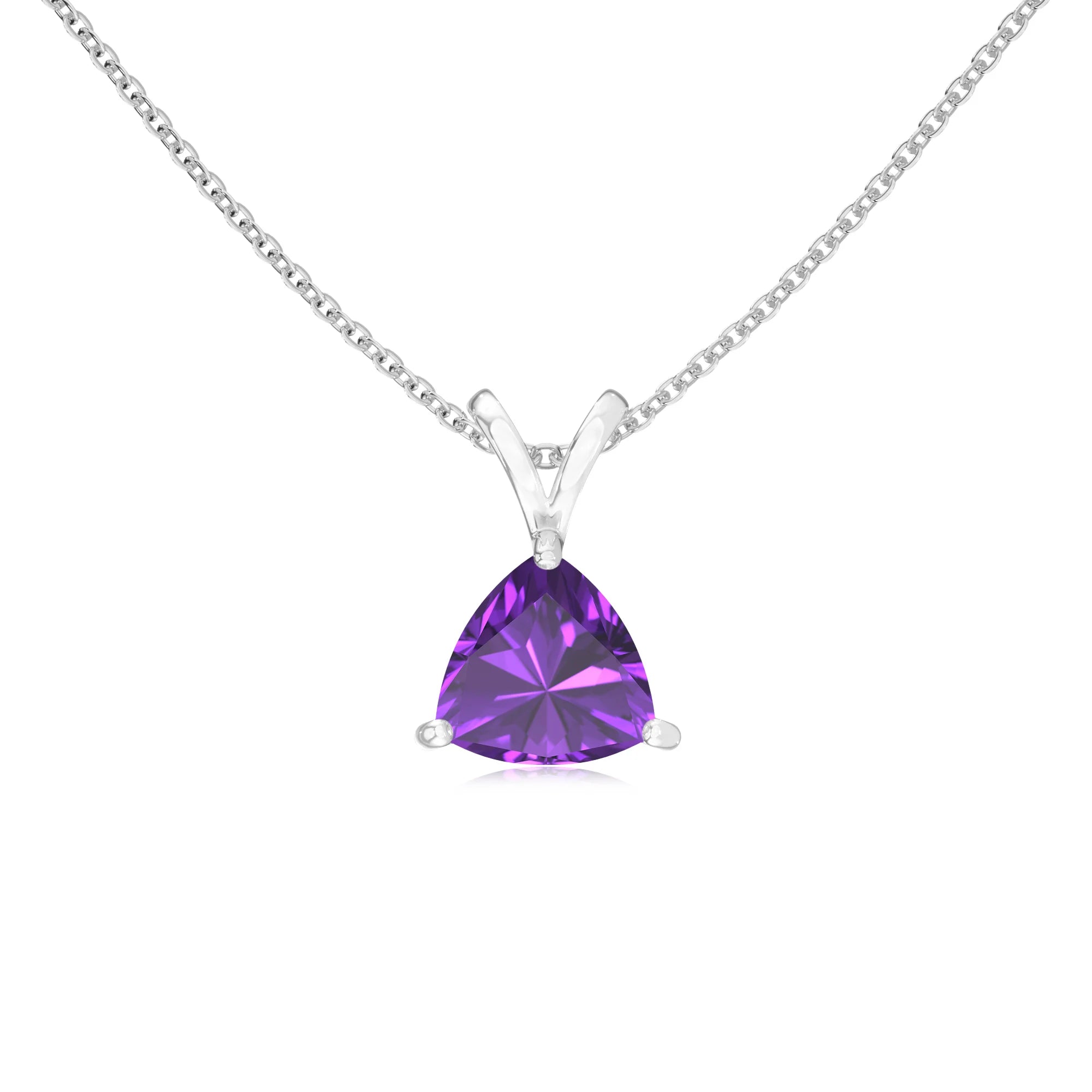 lab grown amethyst trillion solitaire v-bale necklaces in white gold
