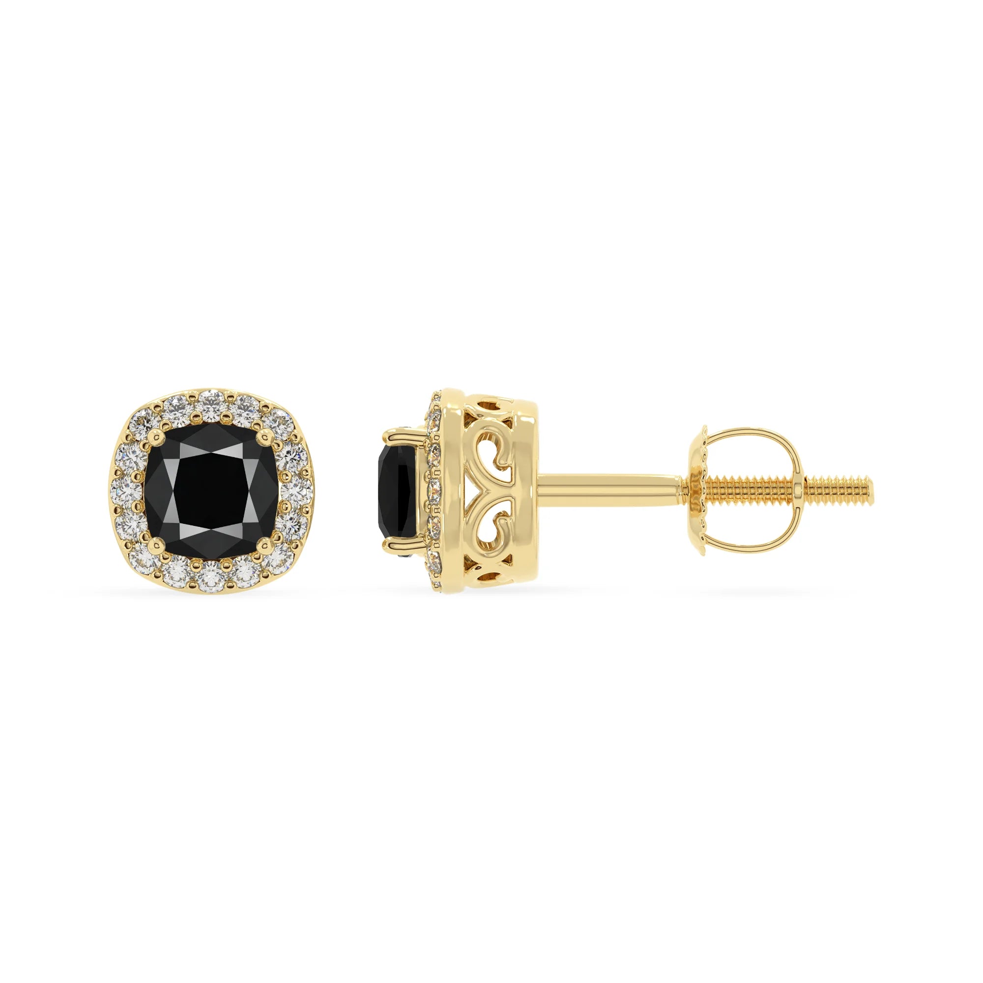 natural black onyx cushion stud earrings in yellow gold