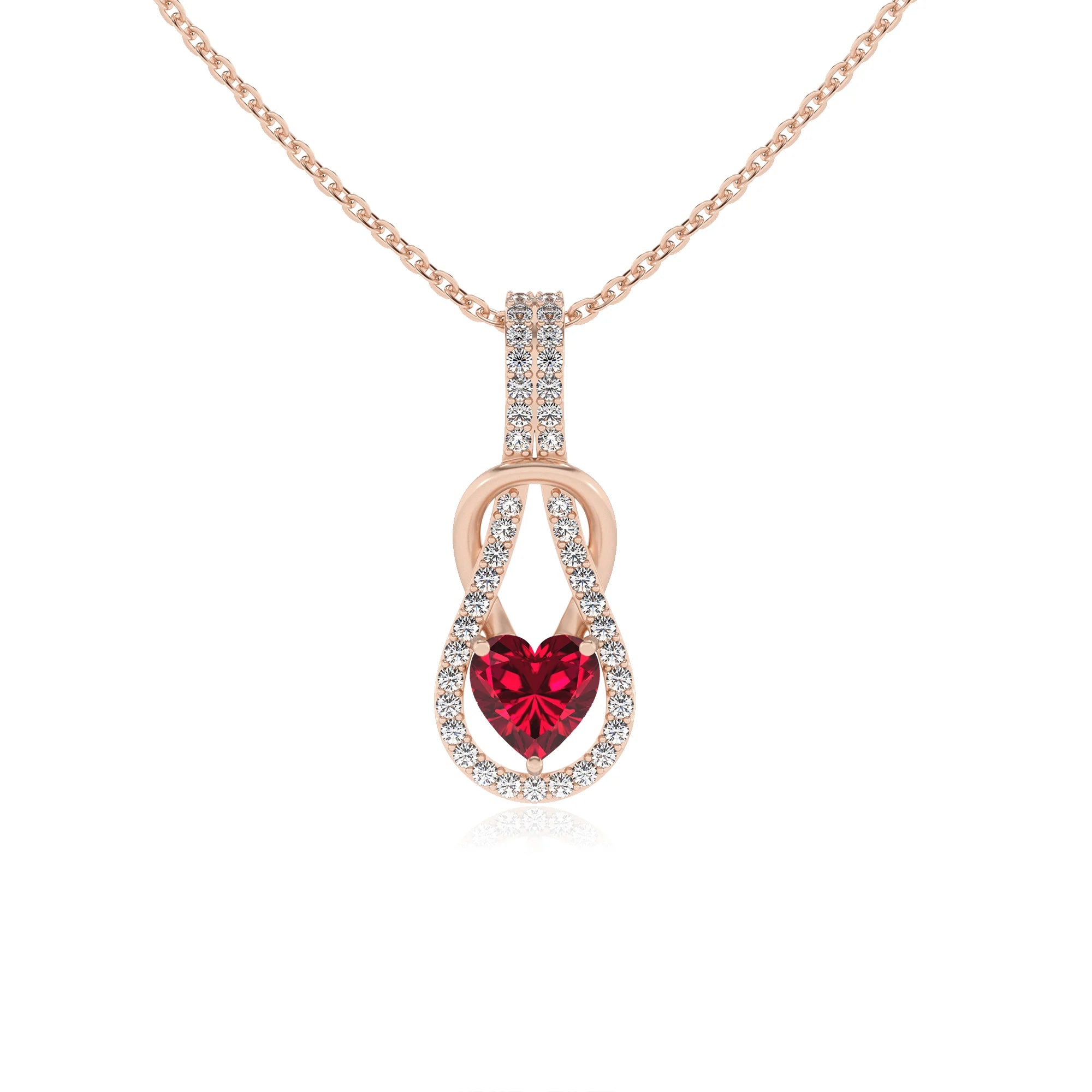 lab grown ruby heart infinity v-bale necklaces in rose gold