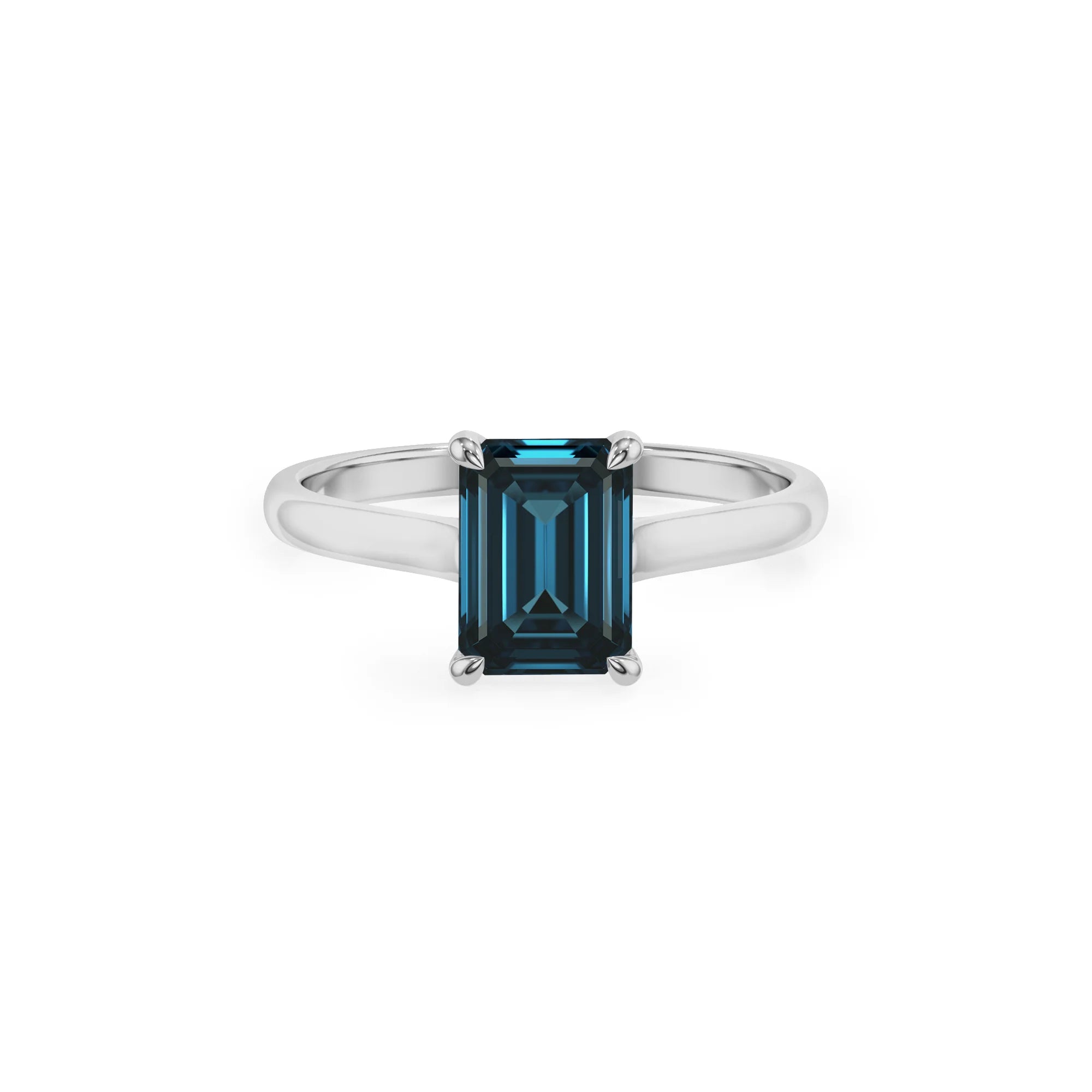 natural london-blue-topaz emerald cut solitaire rings in platinum