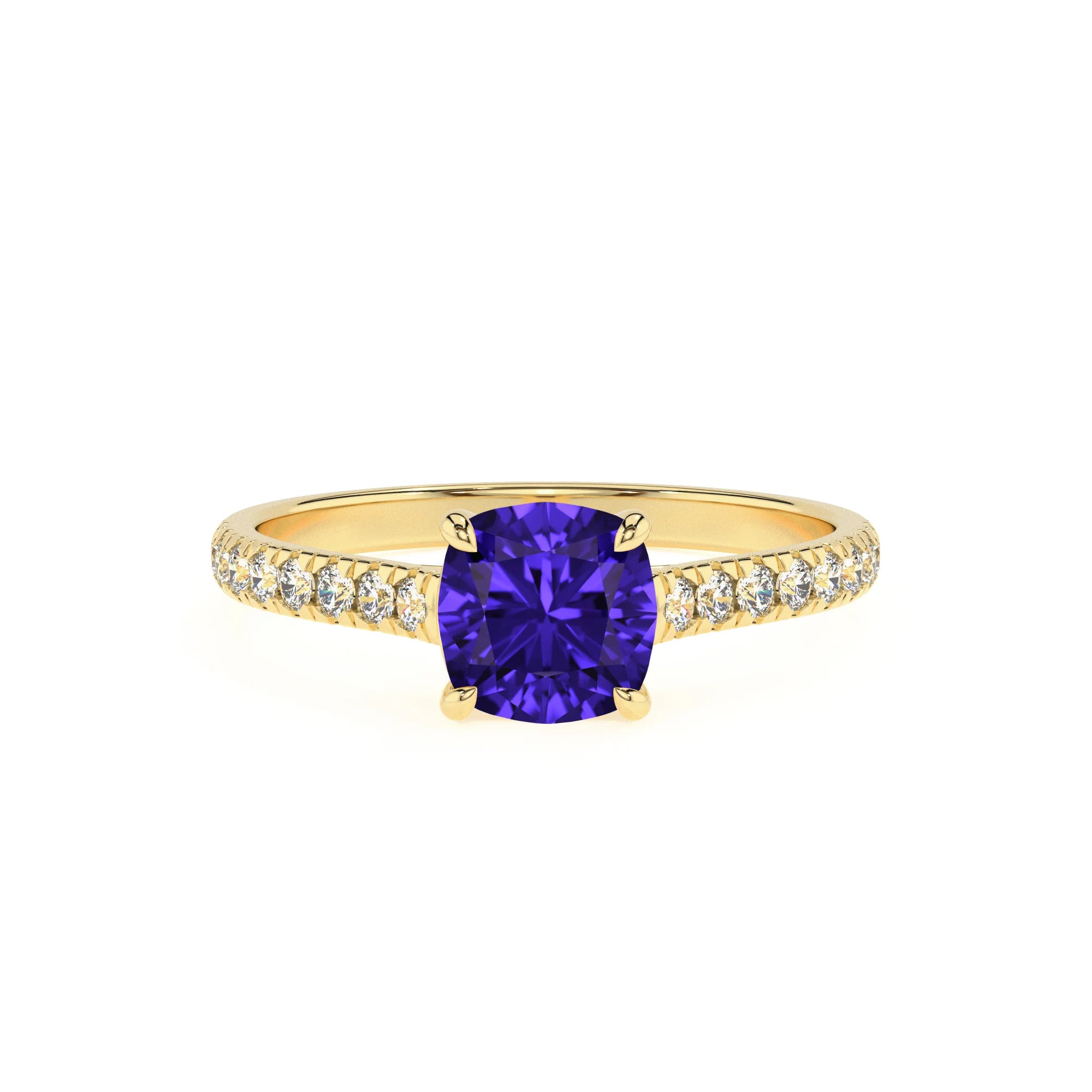 lab grown tanzanite cushion half eternity solitaire engagement rings in yellow gold
