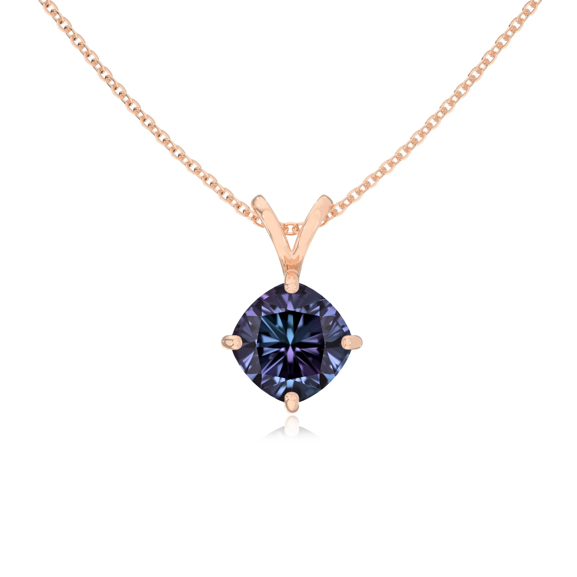 lab grown alexandrite cushion solitaire v-bale necklaces in rose gold