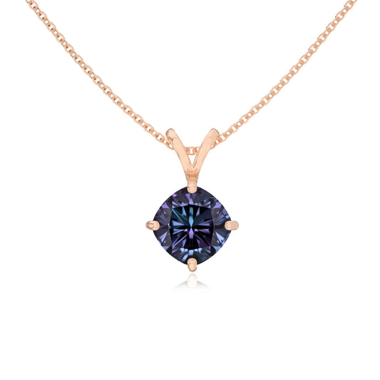 lab grown alexandrite cushion solitaire v-bale necklaces in rose gold