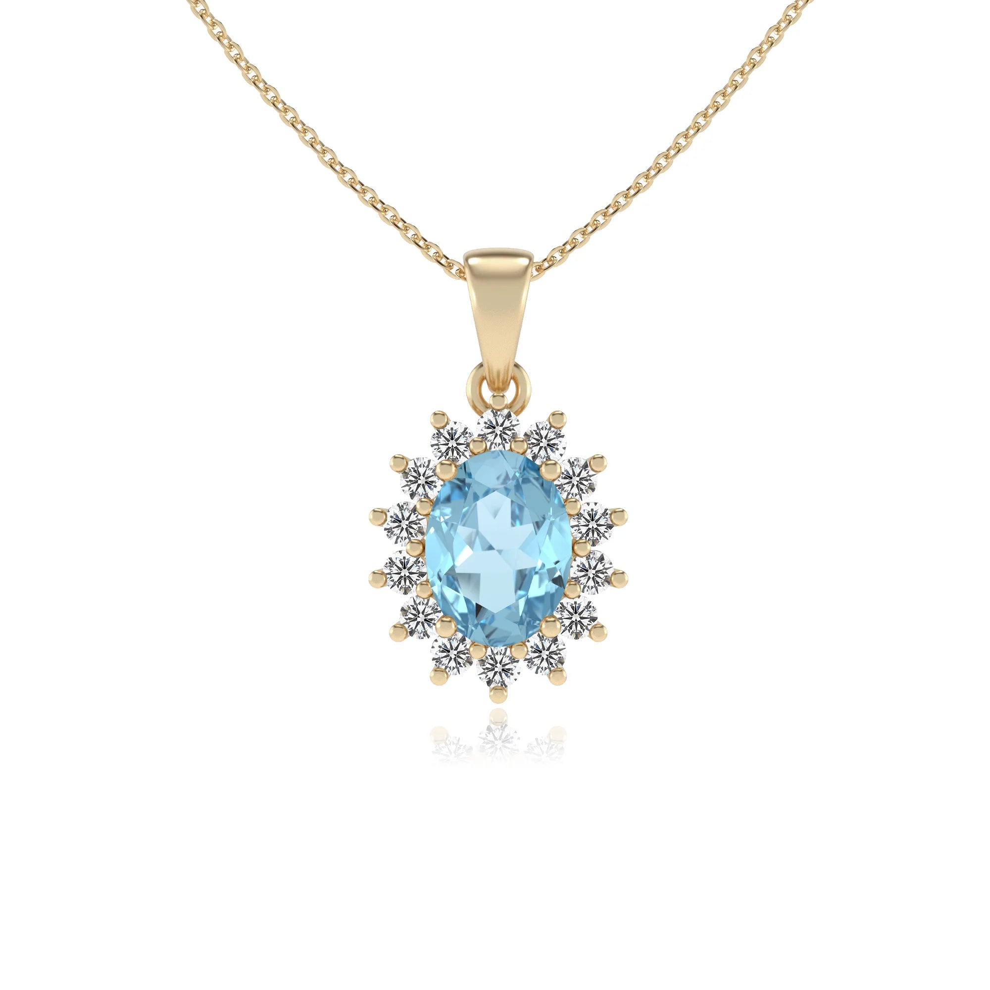 lab grown aquamarine oval halo necklaces in yellow gold