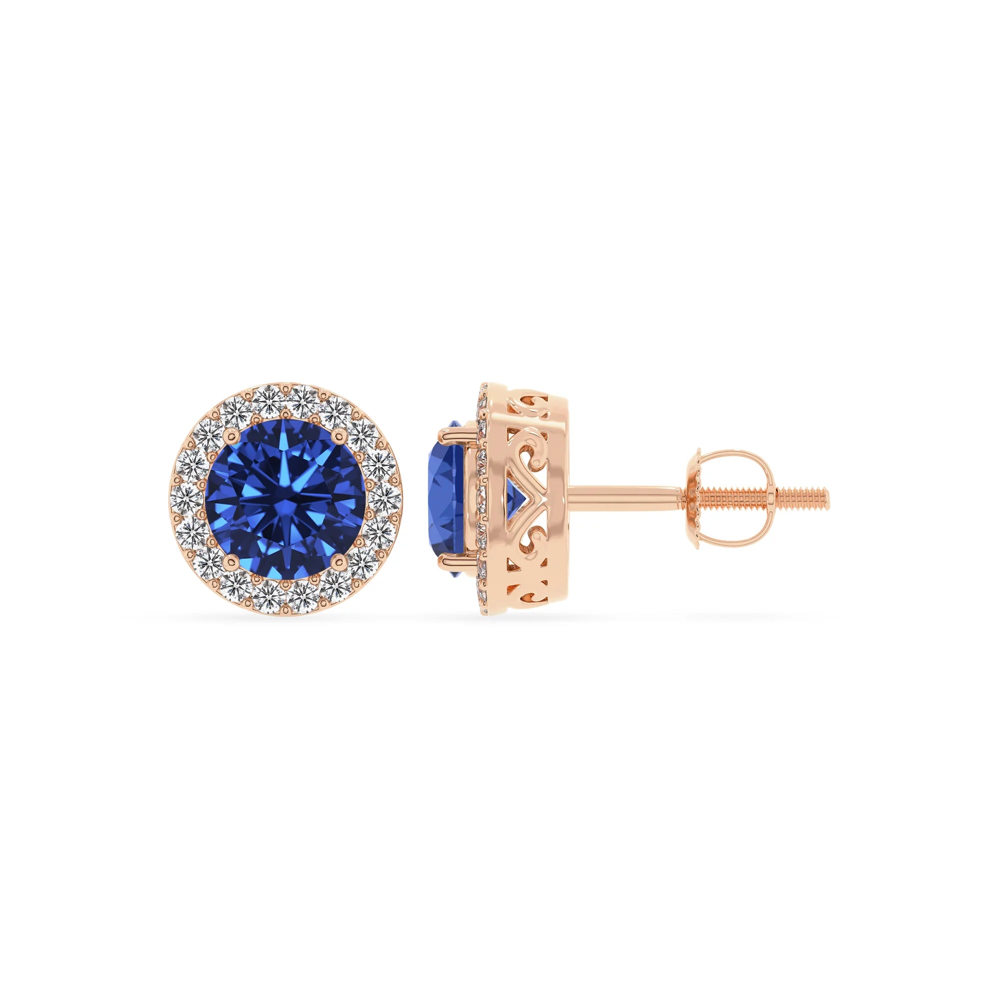 lab grown blue sapphire round stud earrings in rose gold
