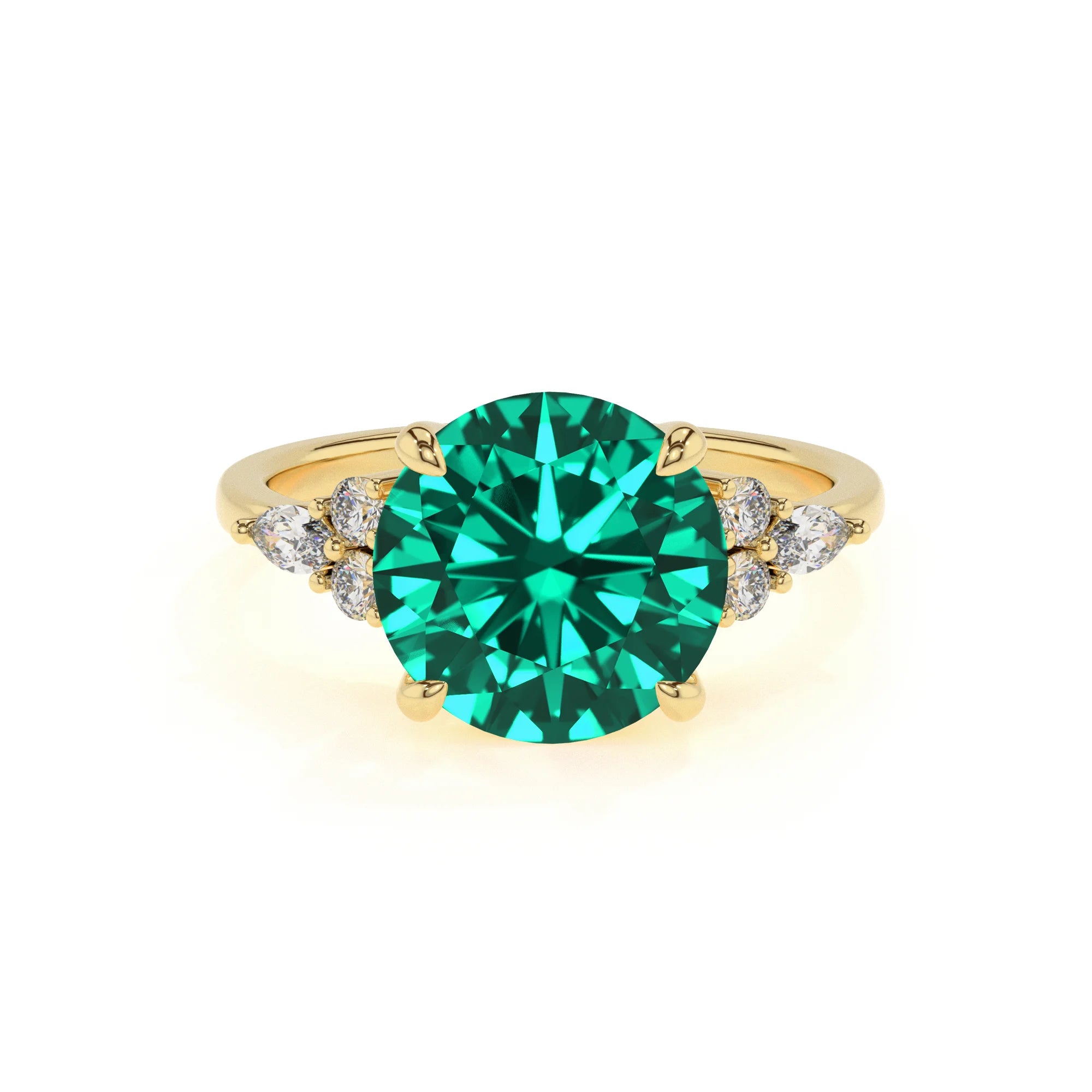 lab grown emerald round solitaire rings in yellow gold
