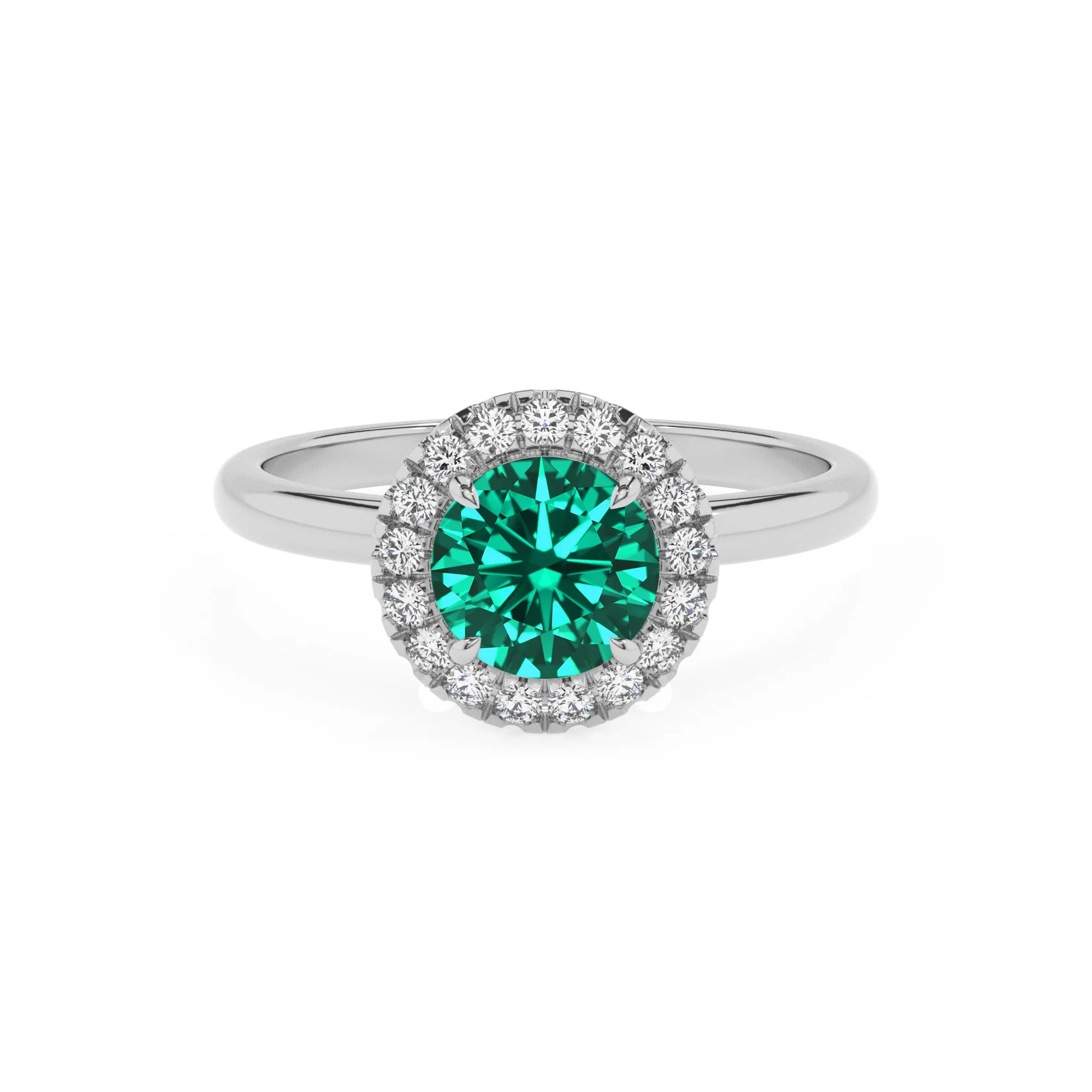 lab grown emerald round solitaire rings in white gold