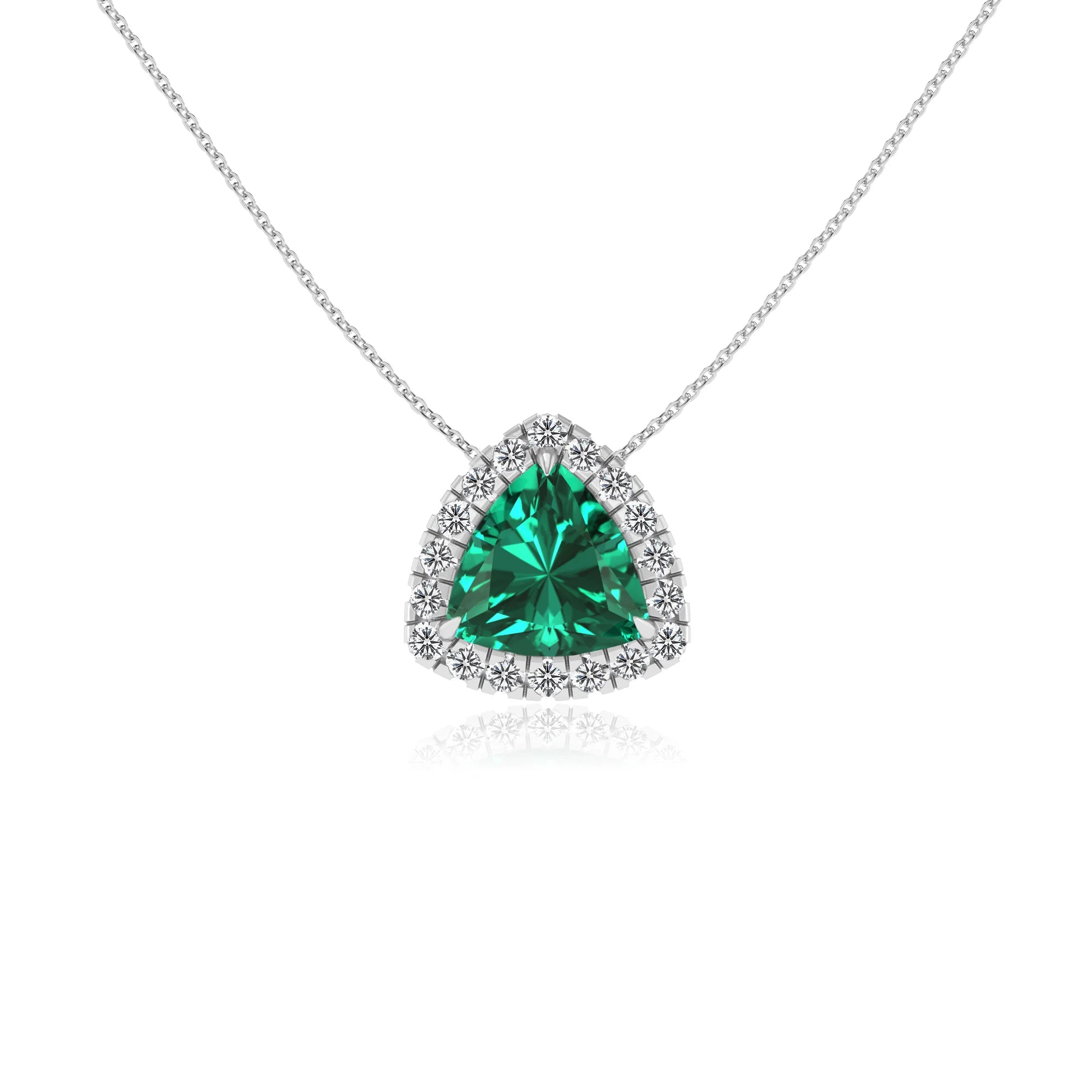 lab grown emerald trillion solitaire necklaces in white gold