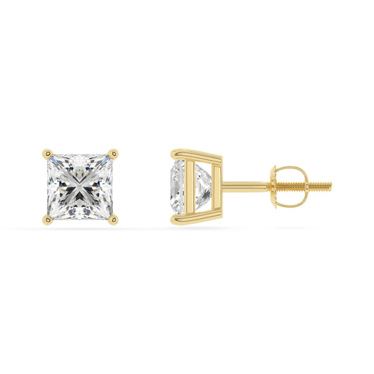 lab grown moissanite princess stud earrings in yellow gold