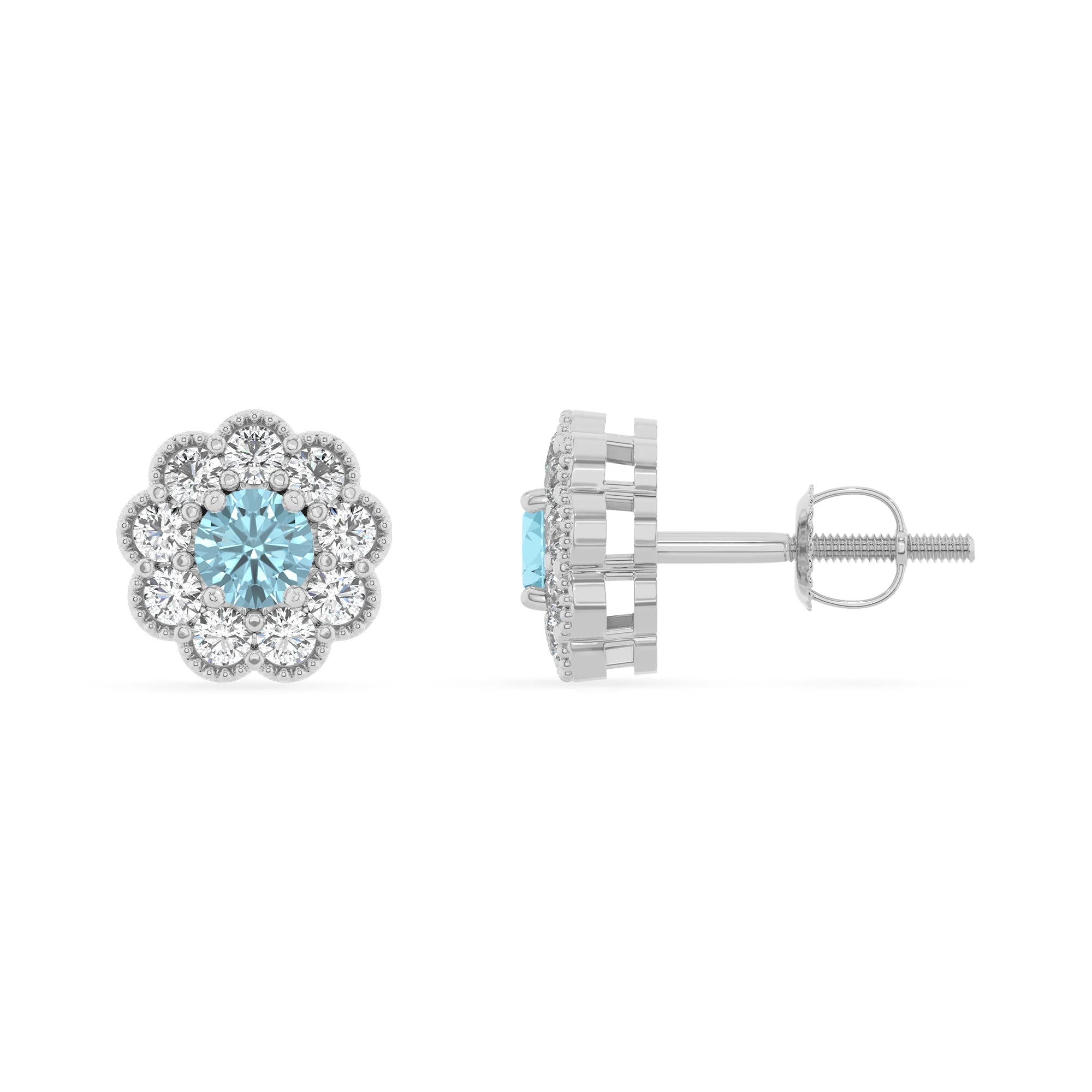 lab grown aquamarine round stud earrings in white gold