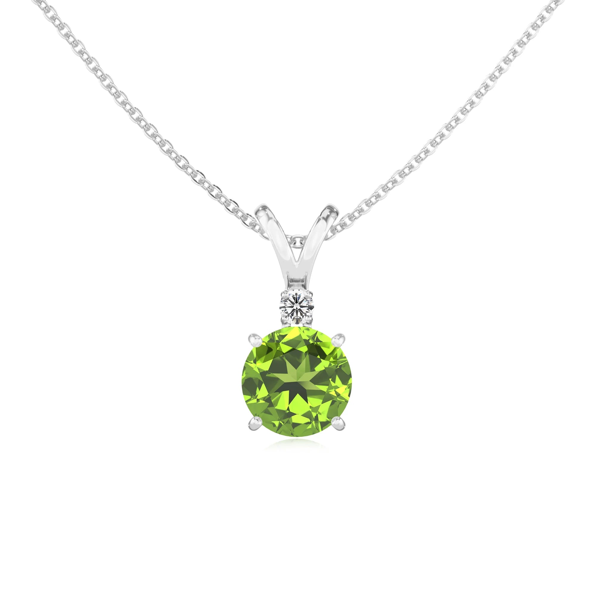 natural peridot round solitaire v-bale necklaces in platinum