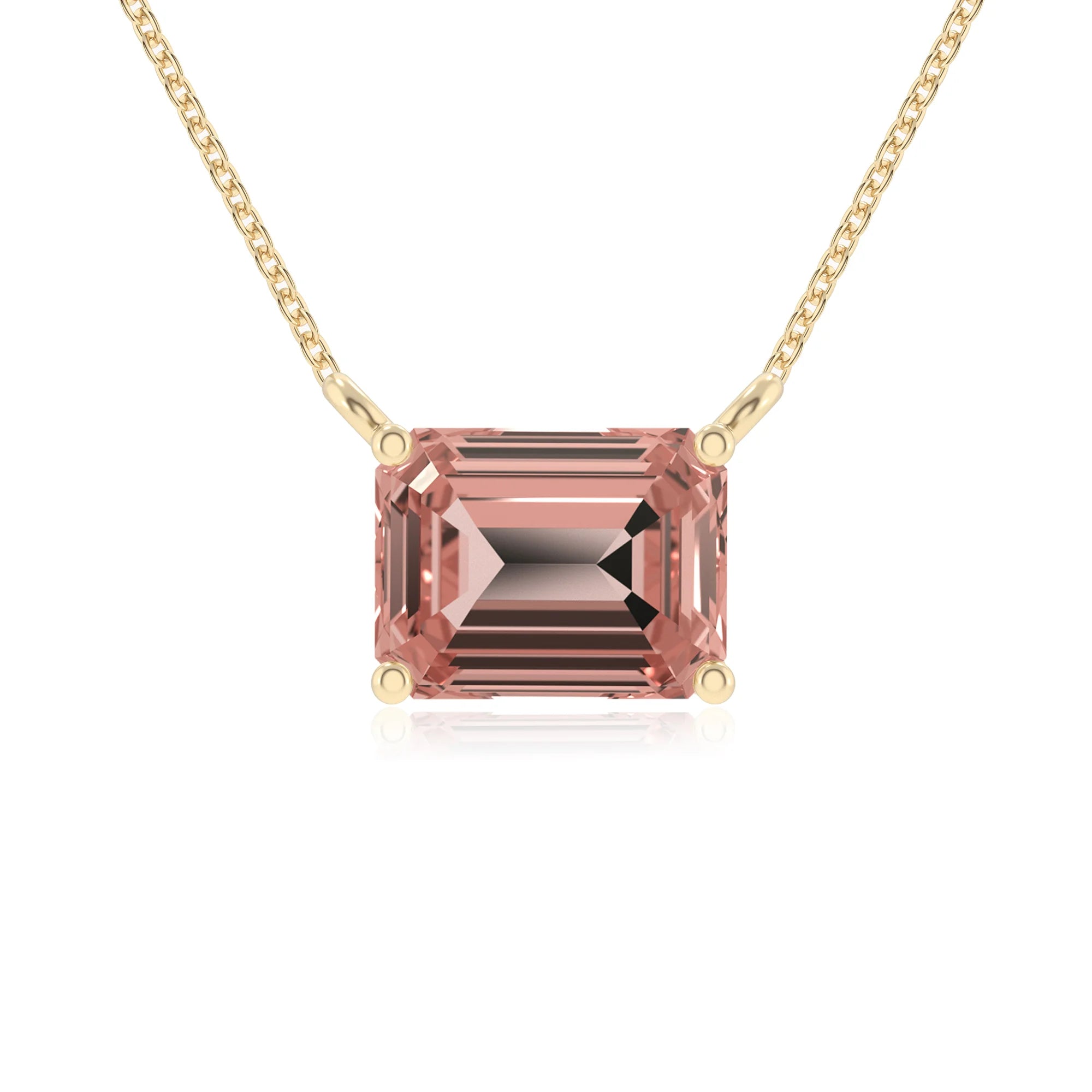 lab grown morganite emerald cut solitaire necklaces in yellow gold