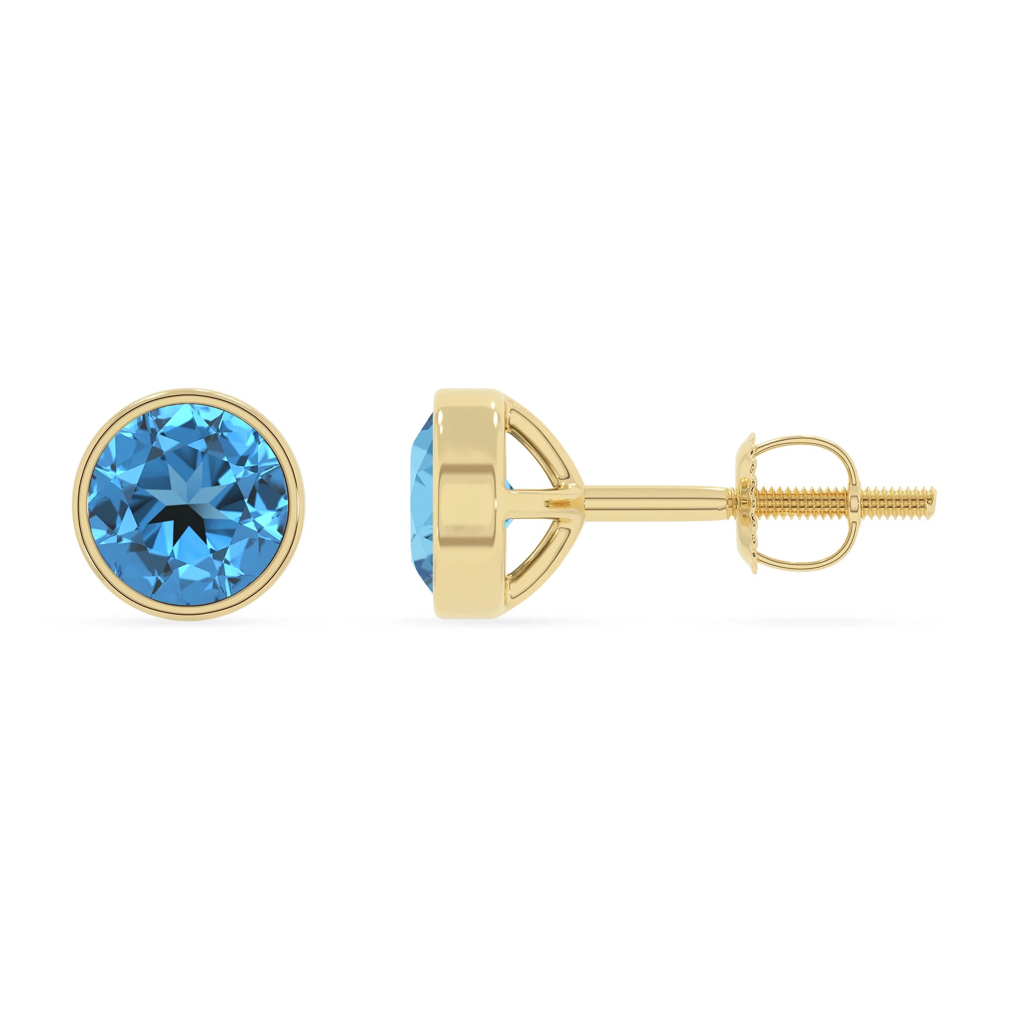 natural swiss blue topaz round stud earrings in yellow gold
