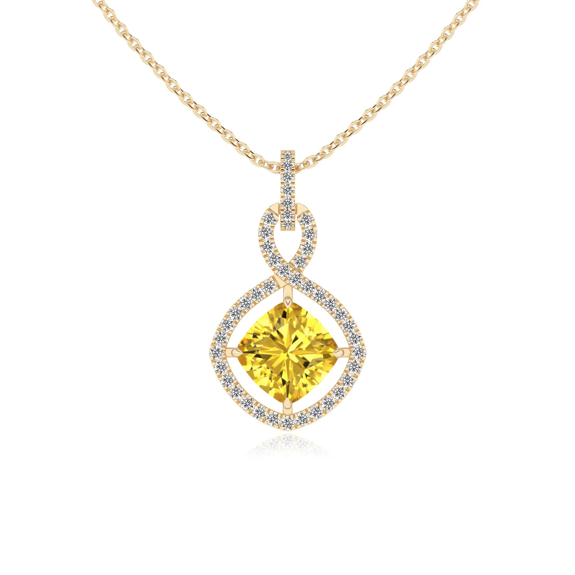 lab grown yellow-sapphire cushion infinity necklaces in yellow gold