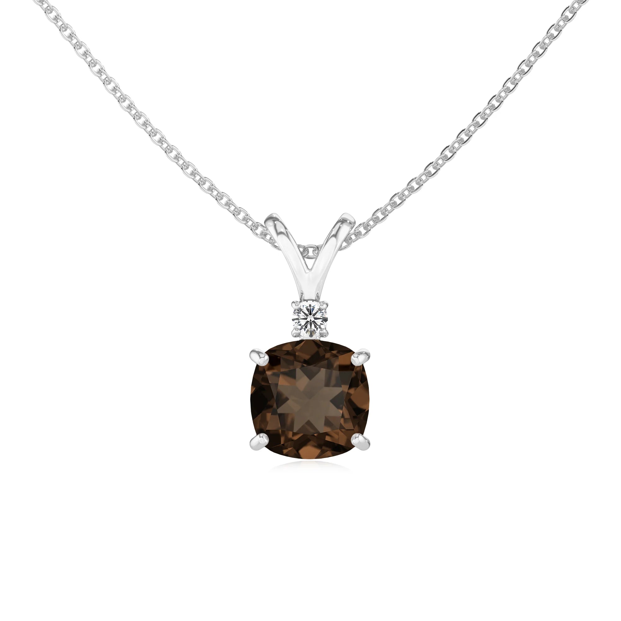 natural smoky-quartz cushion solitaire v-bale necklaces in white gold