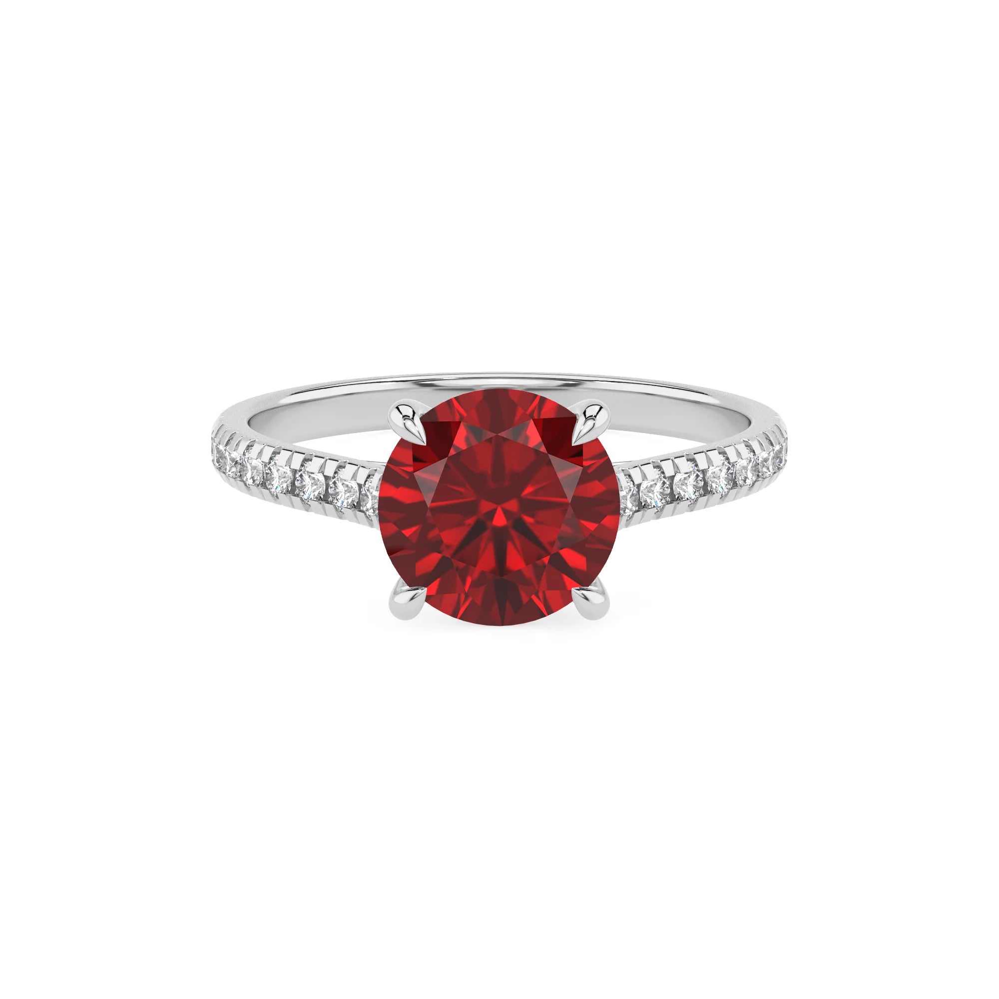 lab grown ruby round half eternity solitaire engagement rings in white gold