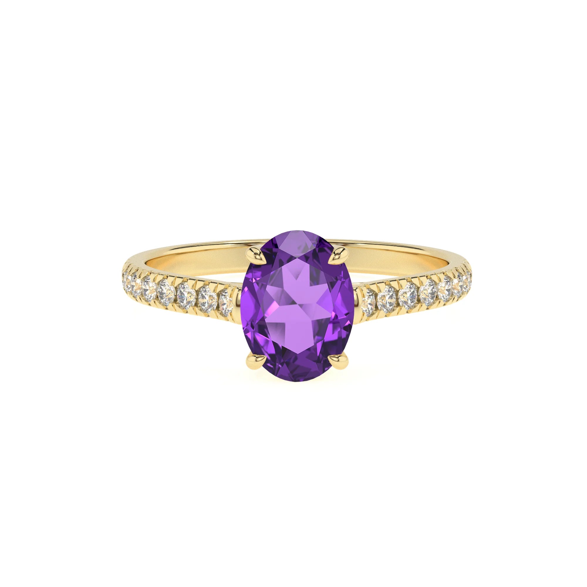 lab grown amethyst oval half eternity solitaire engagement rings in yellow gold