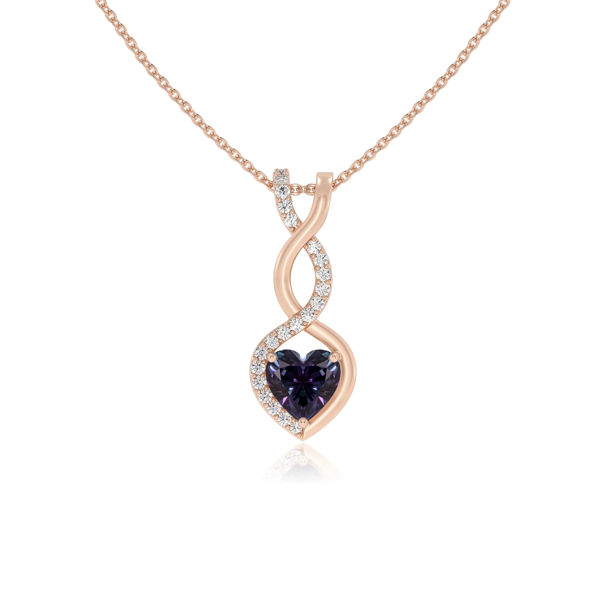 lab grown alexandrite heart infinity necklaces in rose gold