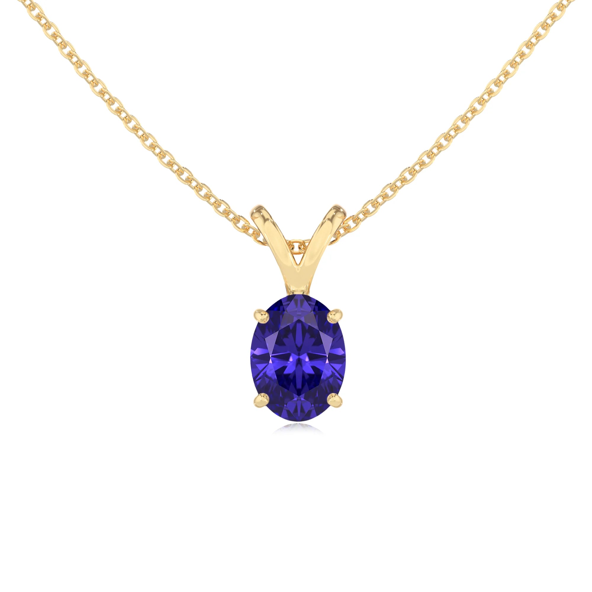 lab grown tanzanite oval solitaire v-bale necklaces in yellow gold