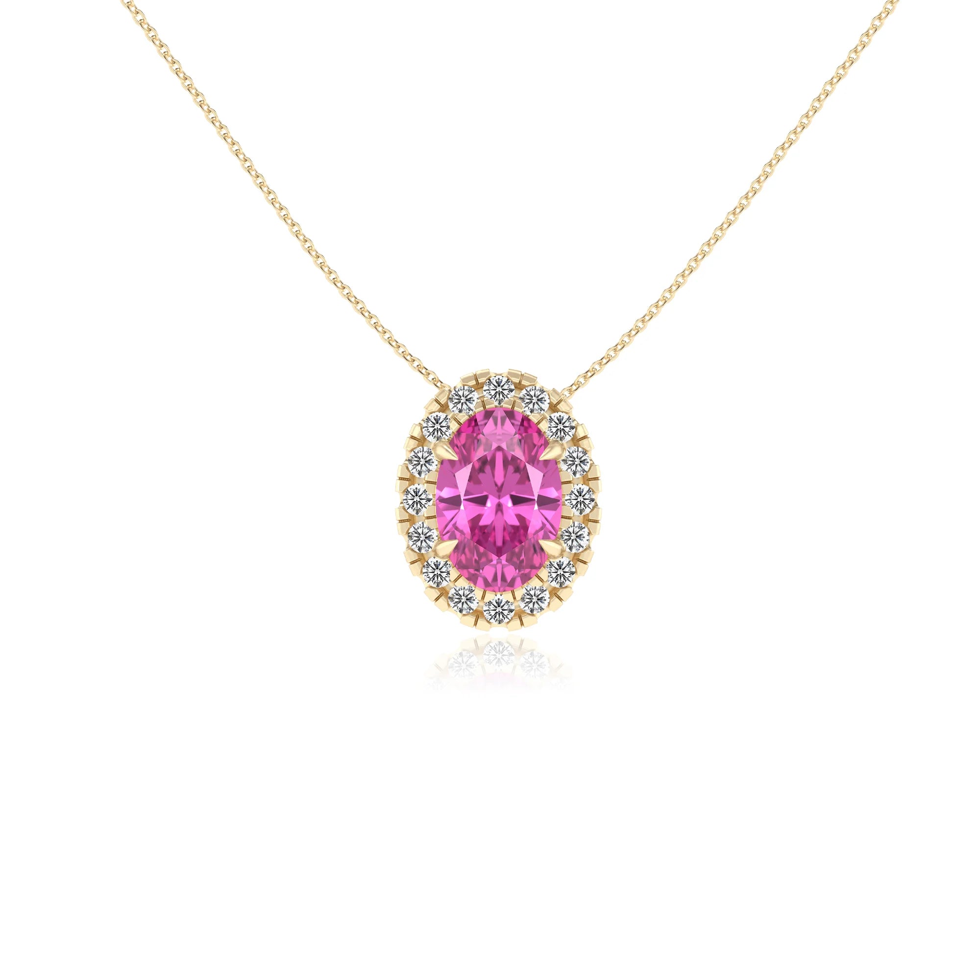 lab grown pink sapphire oval solitaire necklaces in yellow gold