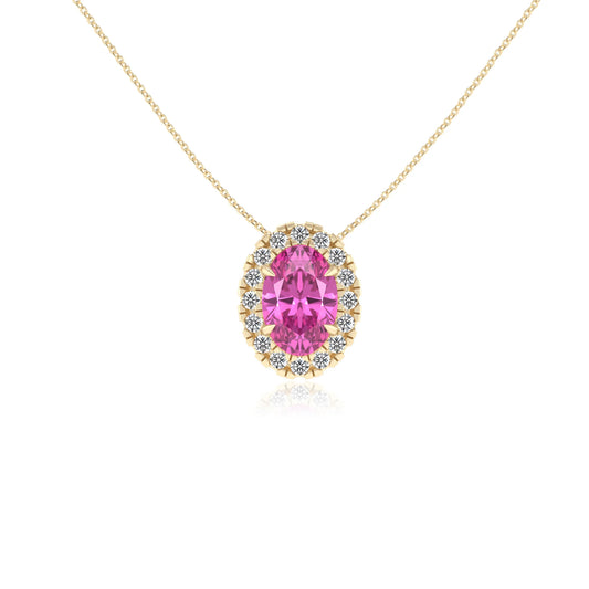 lab grown pink sapphire oval solitaire necklaces in yellow gold