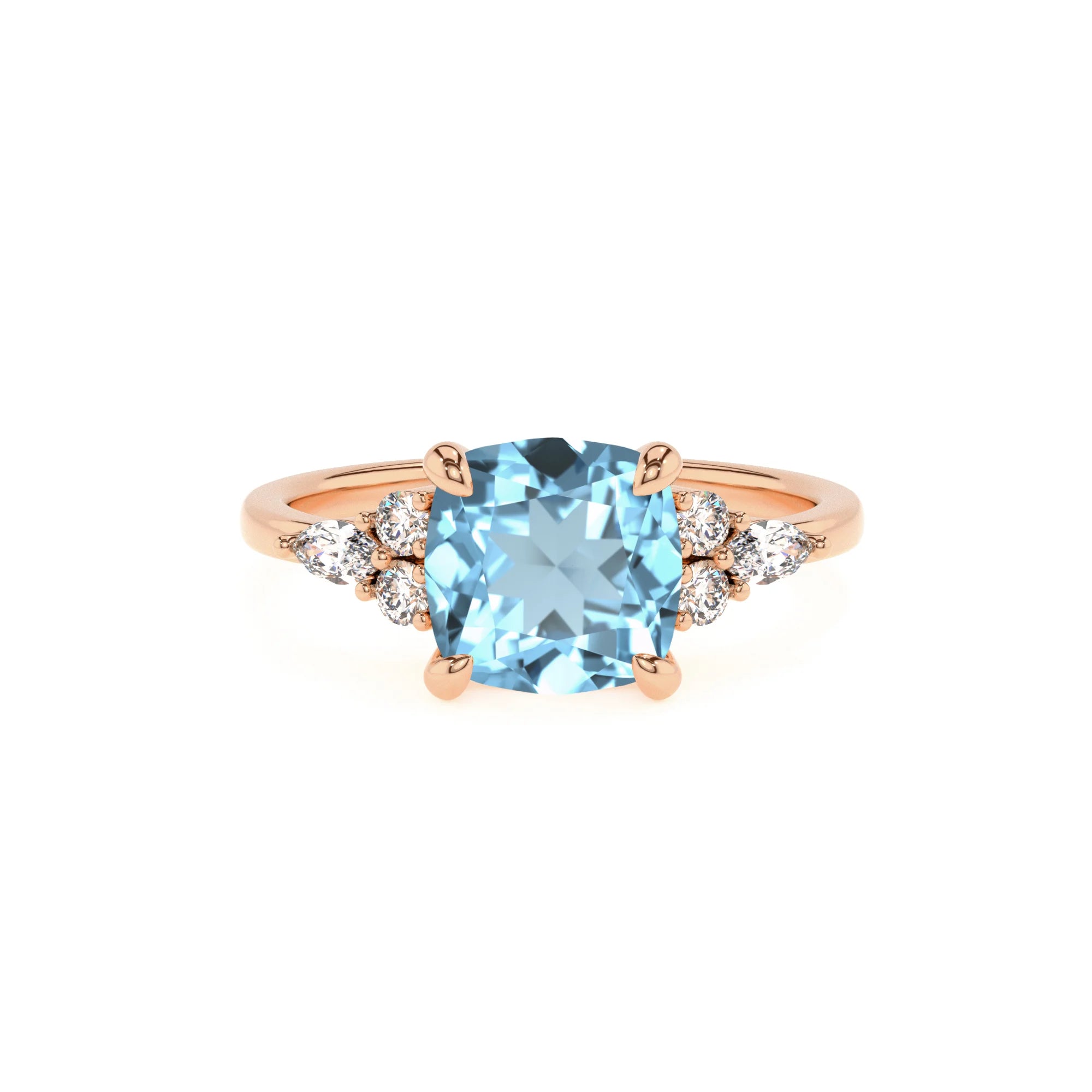 lab grown aquamarine cushion solitaire rings in rose gold