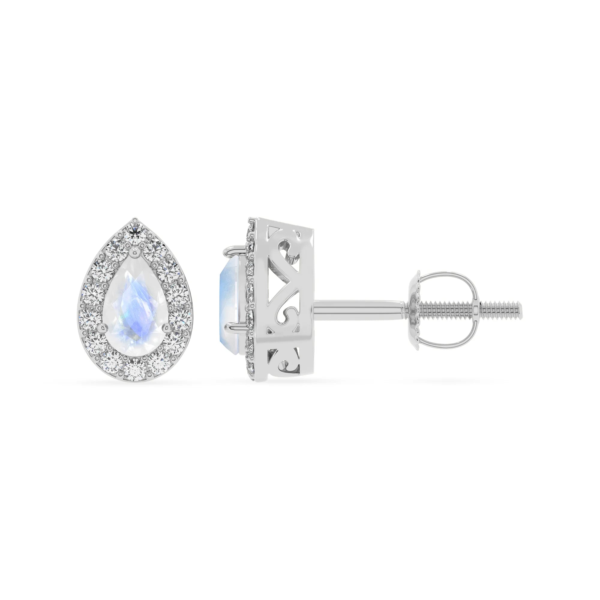 natural rainbow moonstone pear stud earrings in platinum