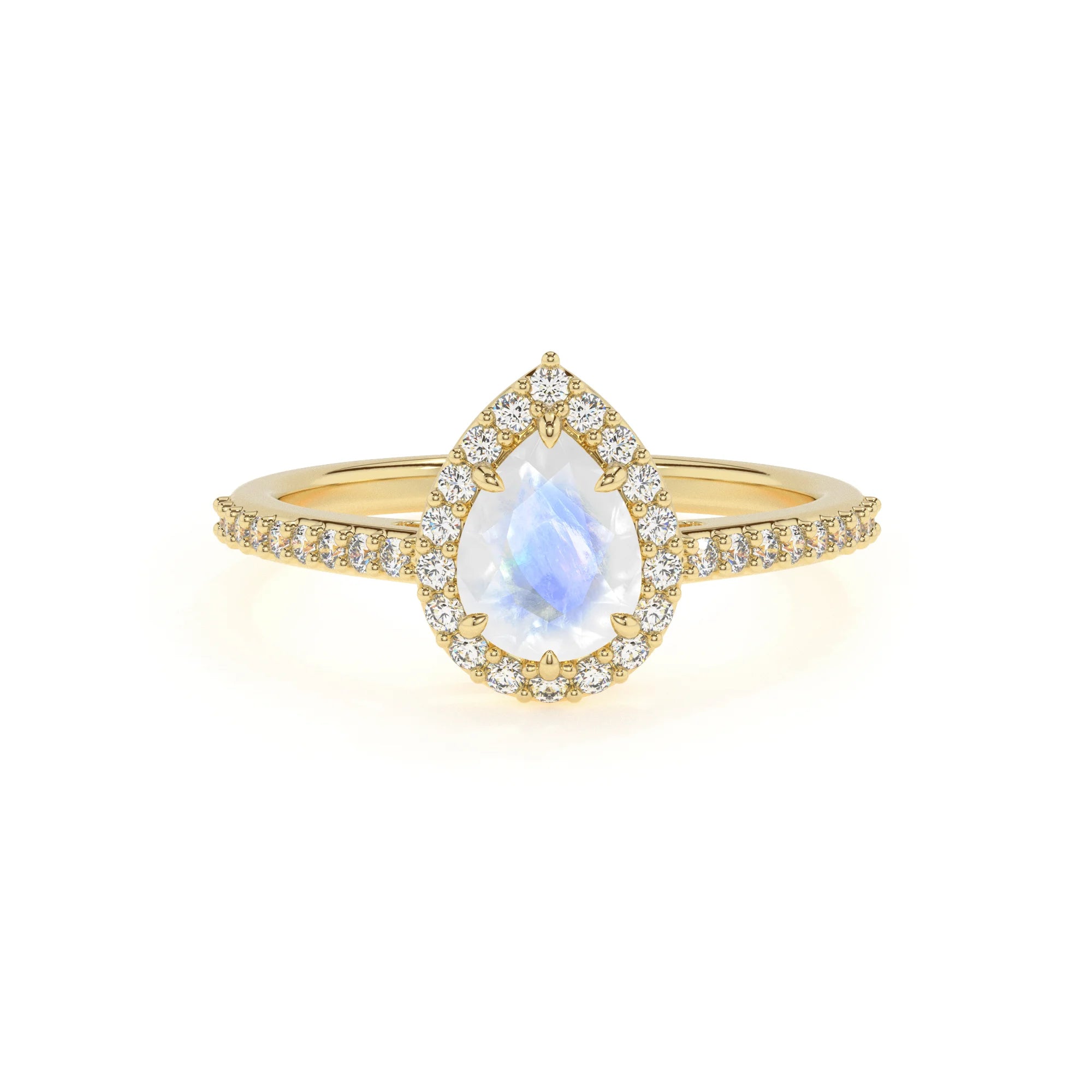 natural rainbow-moonstone pear solitaire rings in yellow gold