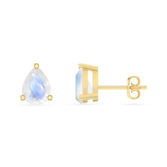 natural rainbow moonstone pear stud earrings in yellow gold