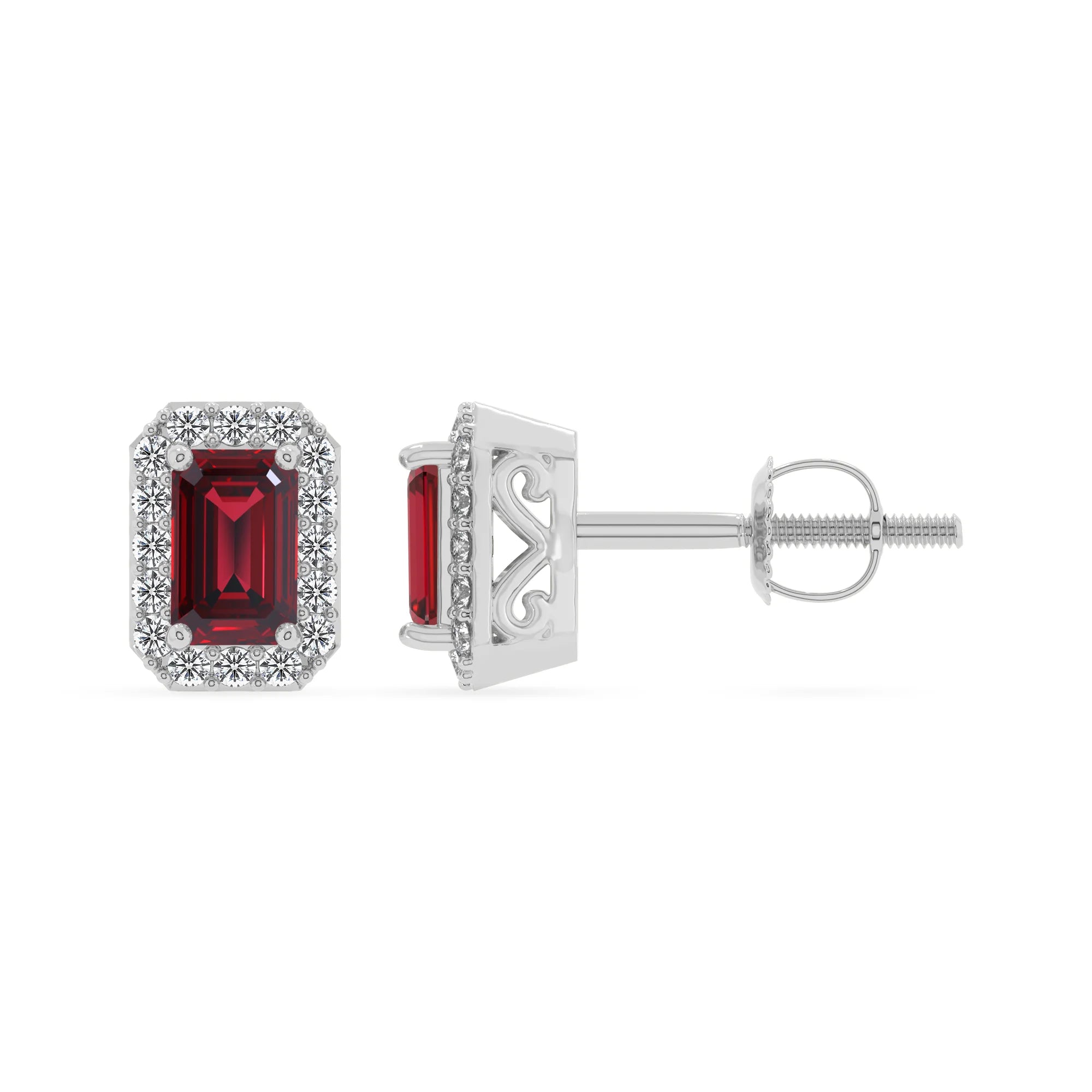lab grown ruby emerald cut stud earrings in platinum